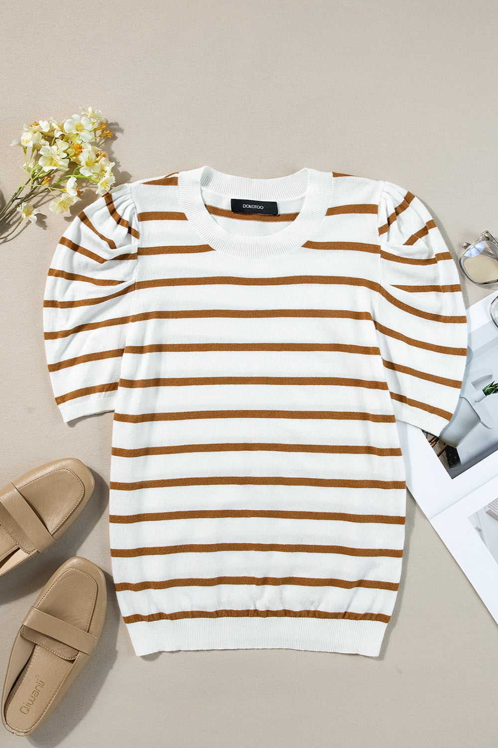 PREORDER Striped Round Neck Puff Sleeve Knit Top 2/9
