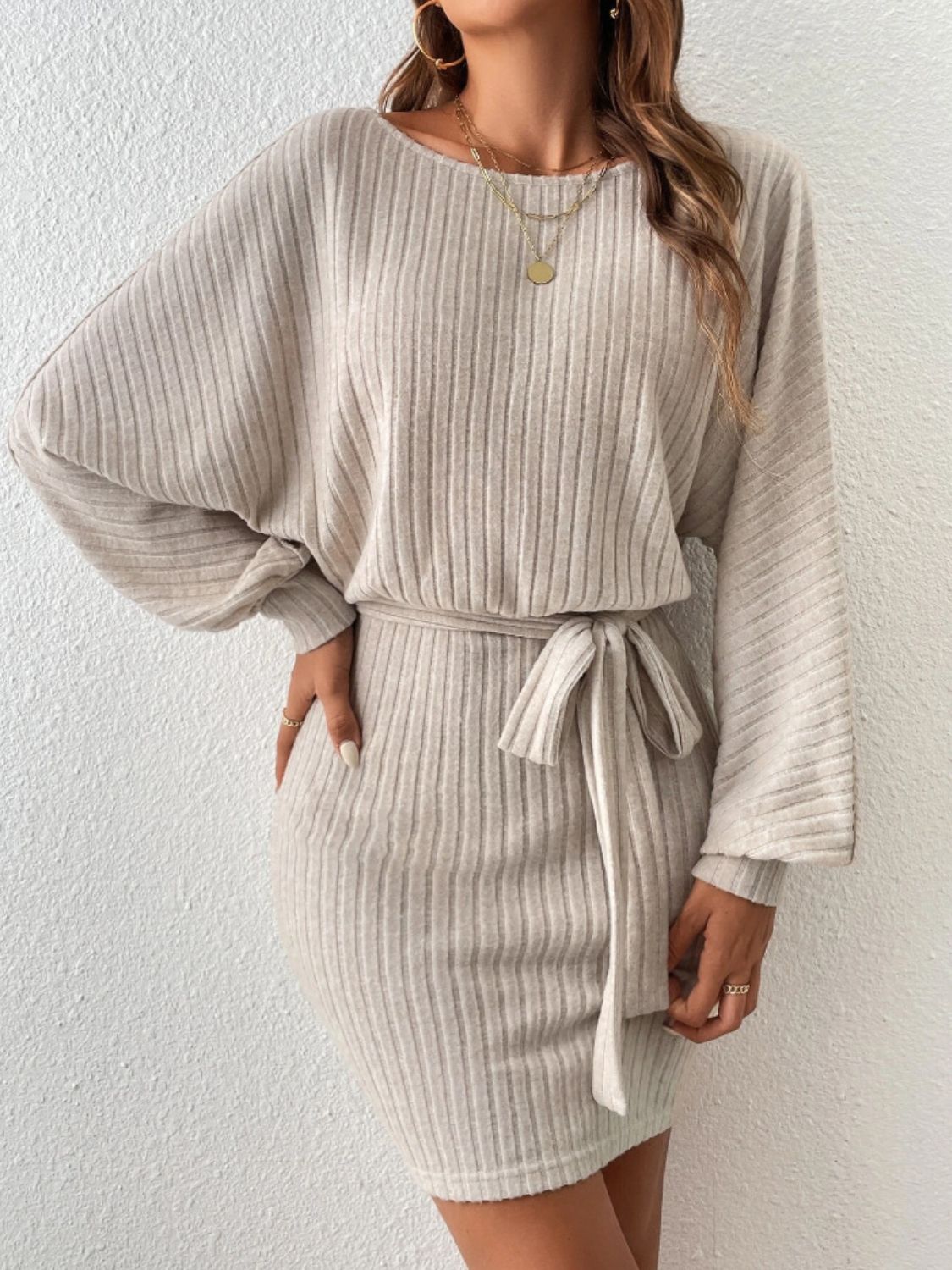 PREORDER Round Neck Tie Waist Long Sleeve Mini Dress 2/9