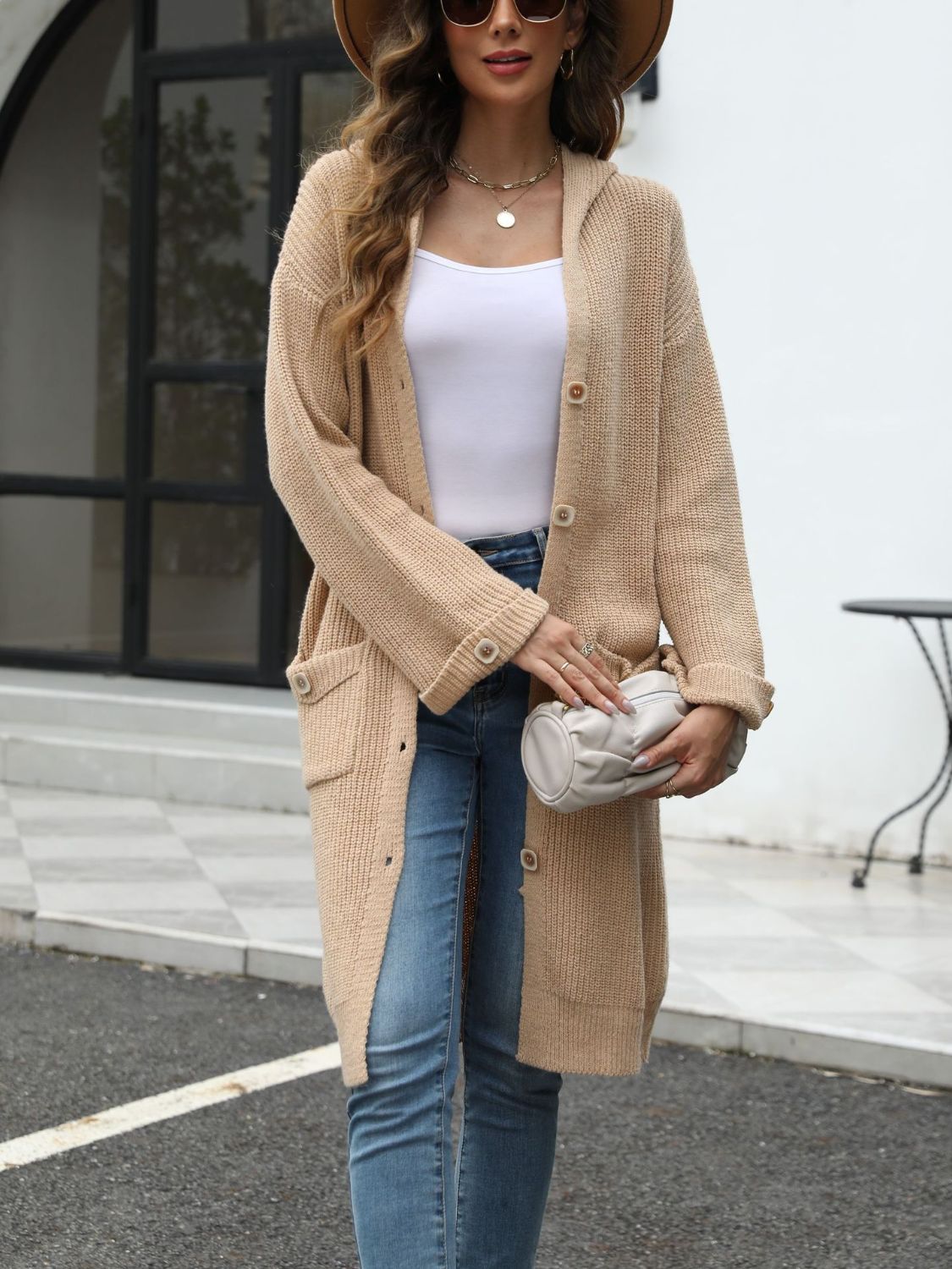 PREORDER Pocketed Button Up Long Sleeve Hooded Cardigan 2/9