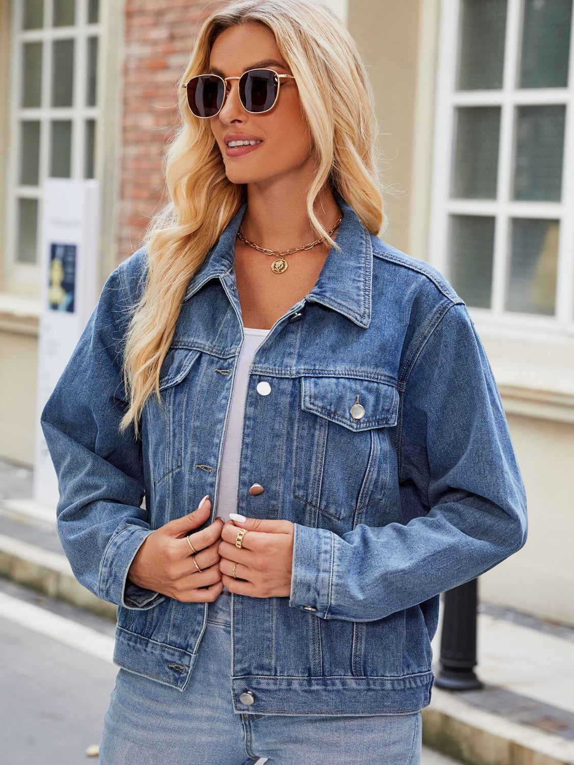PREORDER Pocketed Collared Neck Denim Jacket