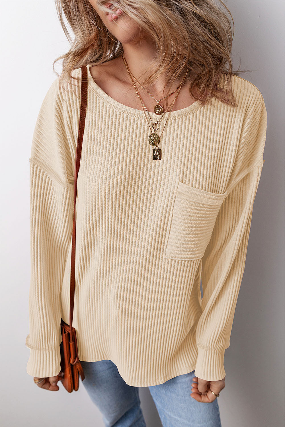 PREORDER Pocketed Round Neck Long Sleeve Top