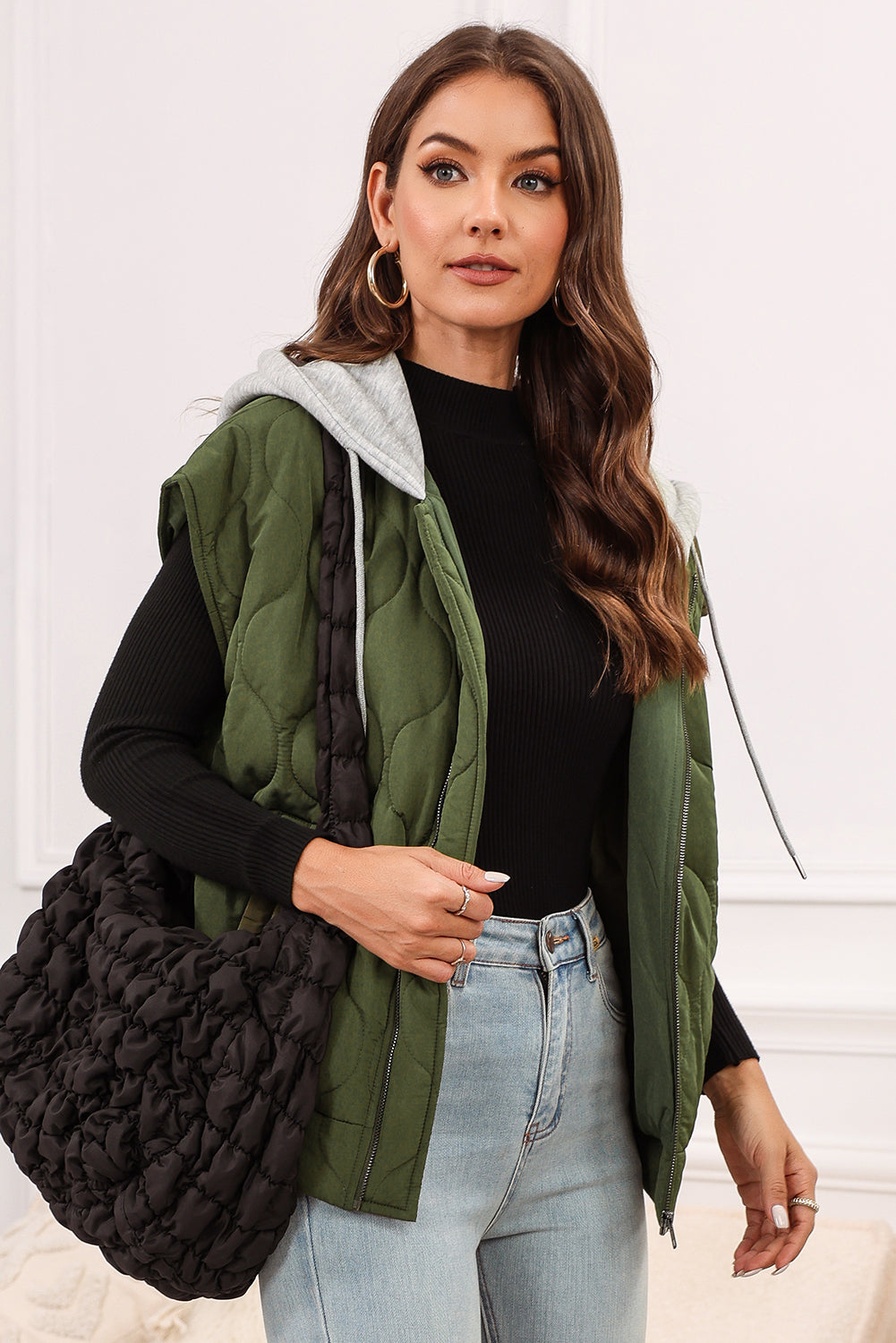 PREORDER Drawstring Zip Up Hooded Vest Coat 2/9