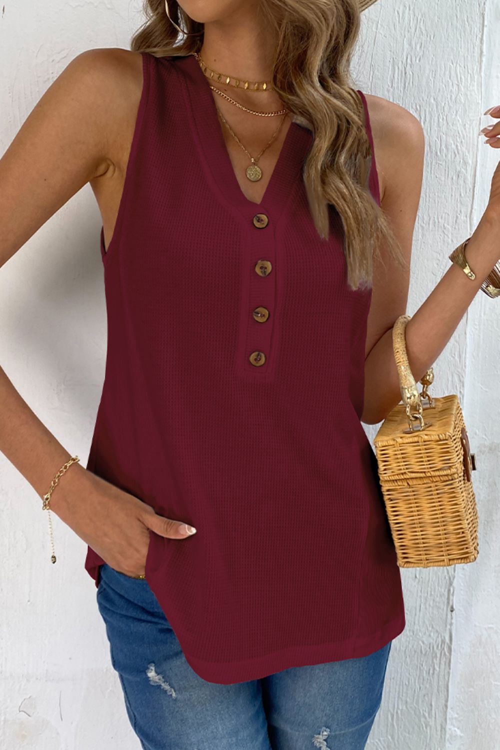 Brandi Buttoned V-Neck Tank- 1 size Small, Wine and black left! FINAL SALE!