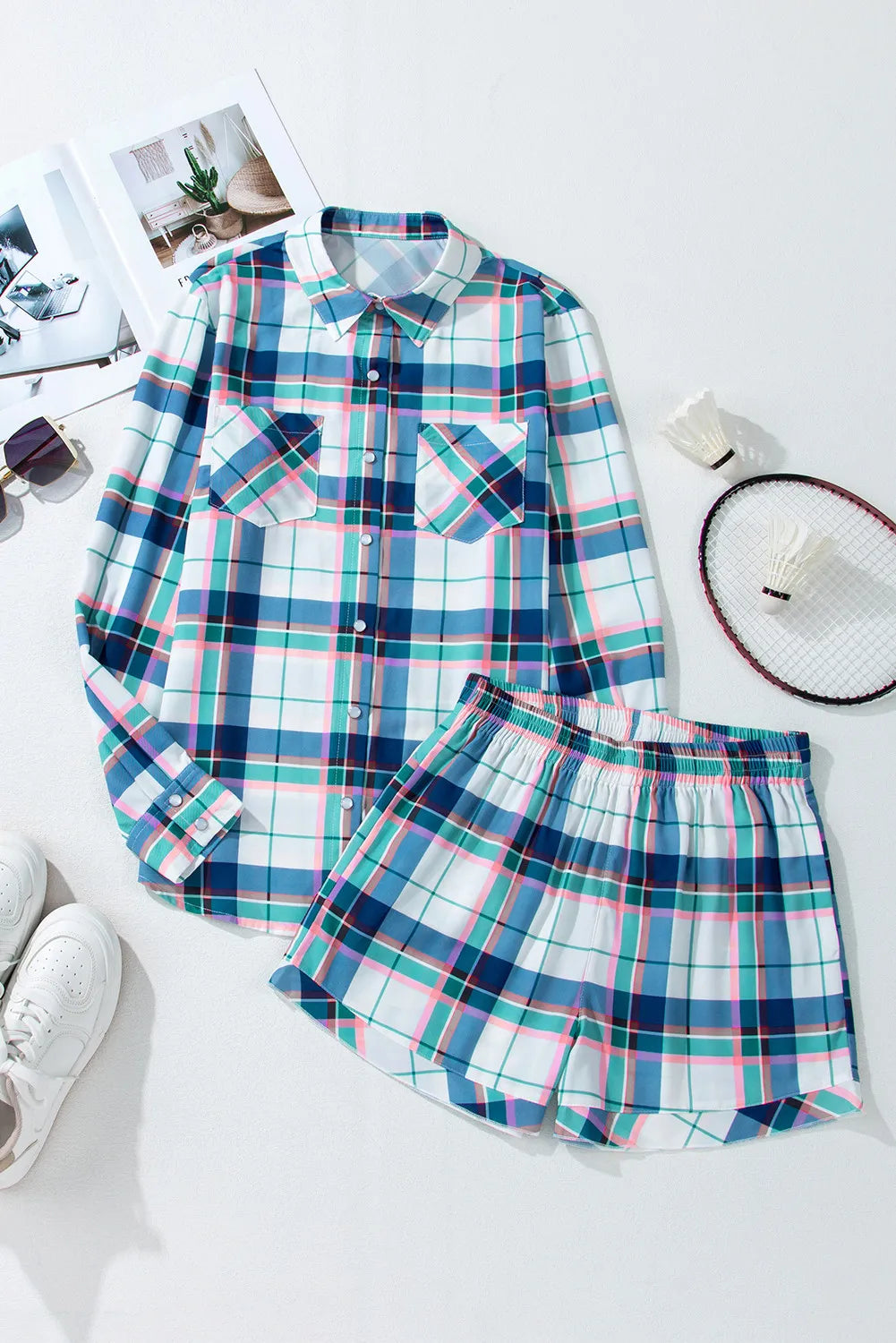 PREORDER Plaid Snap Down Long Sleeve Top and Shorts Lounge Set
