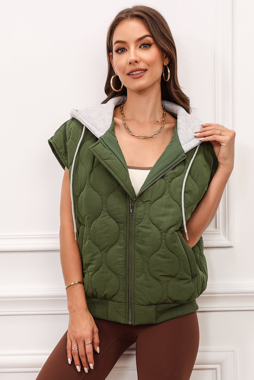 PREORDER Drawstring Zip Up Hooded Vest Coat 2/9