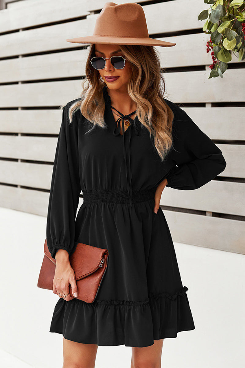Taylor Tie Neck Smocked Waist Ruffle Hem Dress- 1 size M left! FINAL SALE!