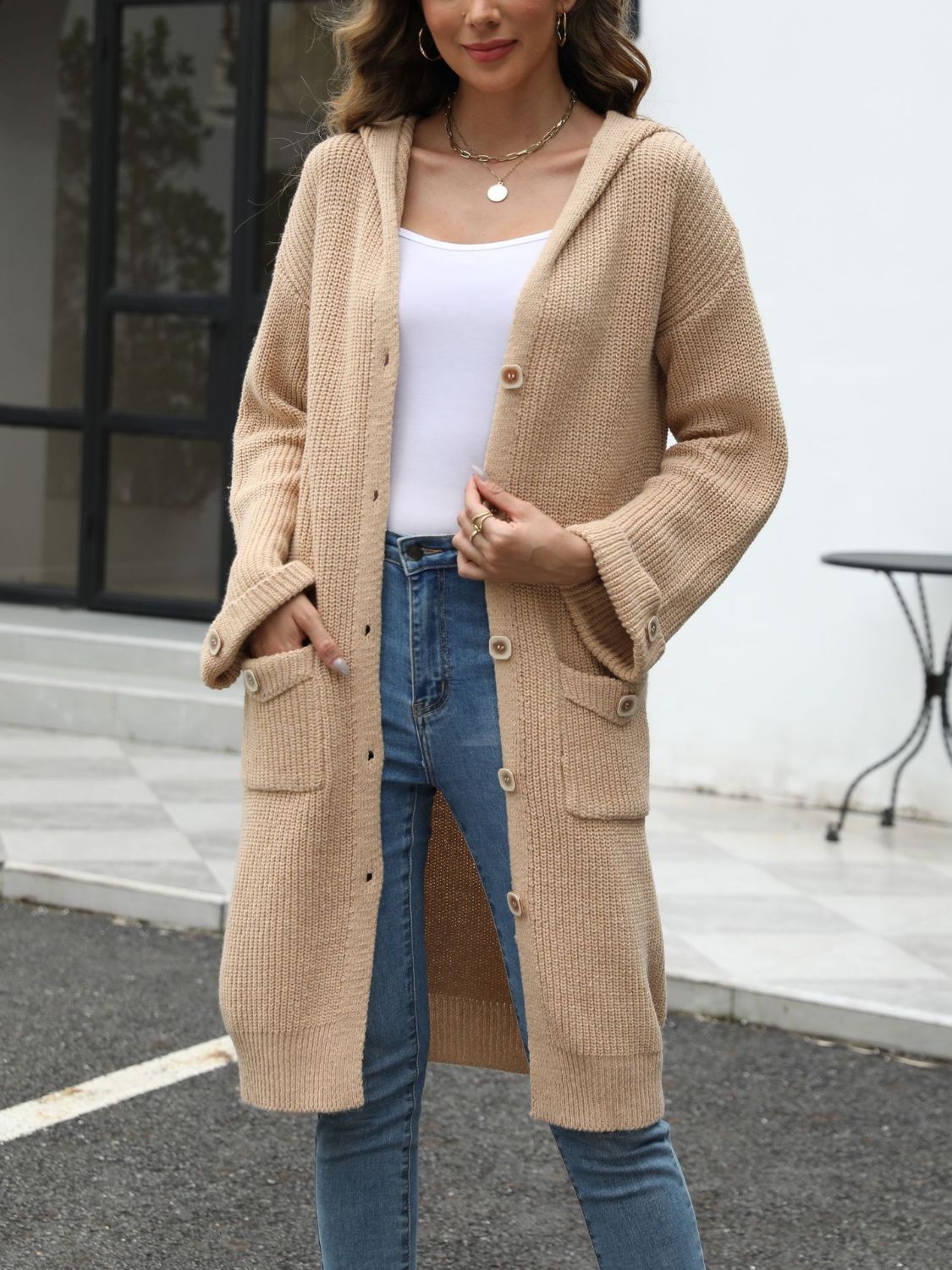 PREORDER Pocketed Button Up Long Sleeve Hooded Cardigan 2/9
