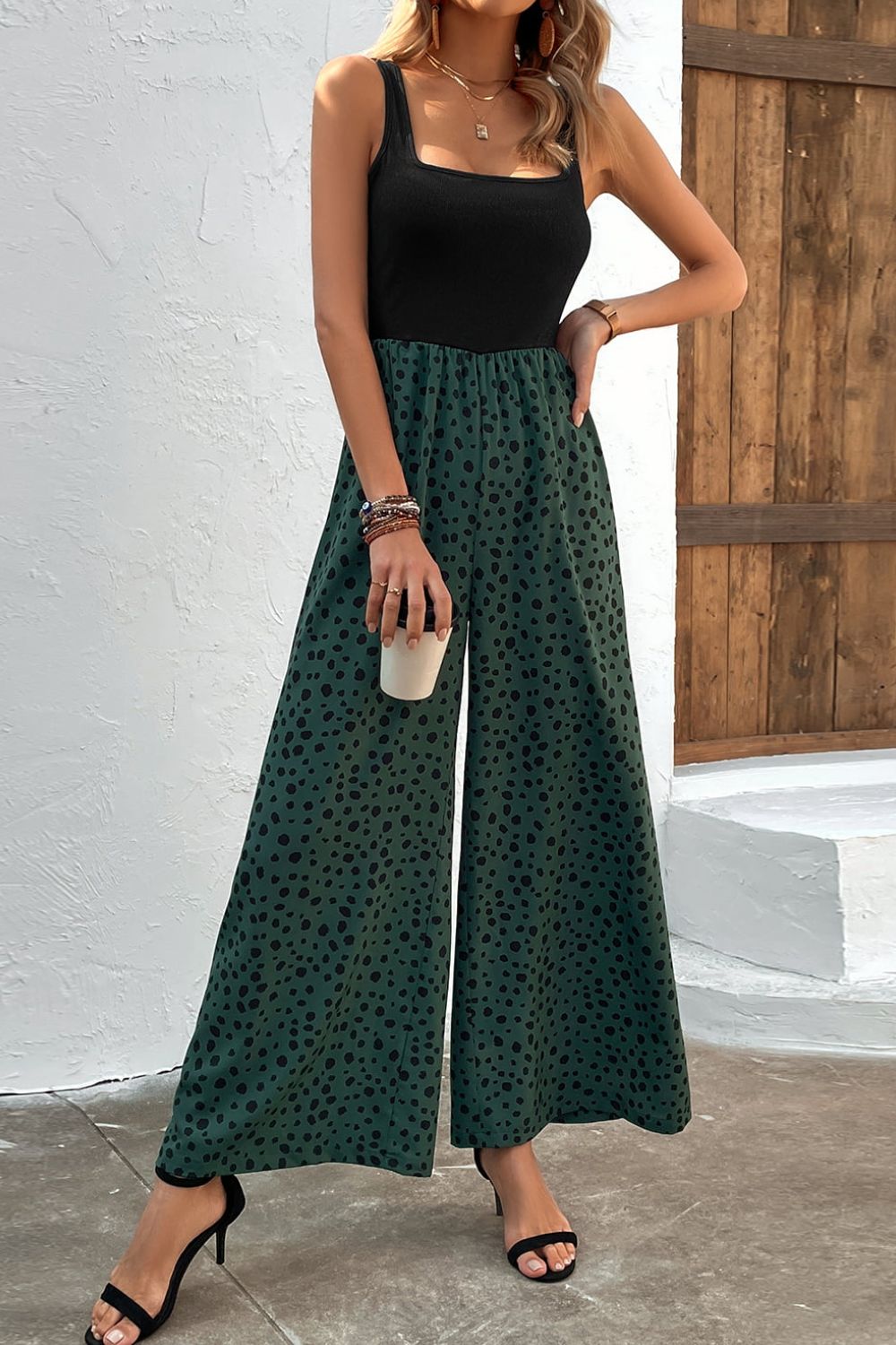 Emily Two-Tone Square Neck Wide Leg Jumpsuit- 1 size XL, Forest left! FINAL SALE!