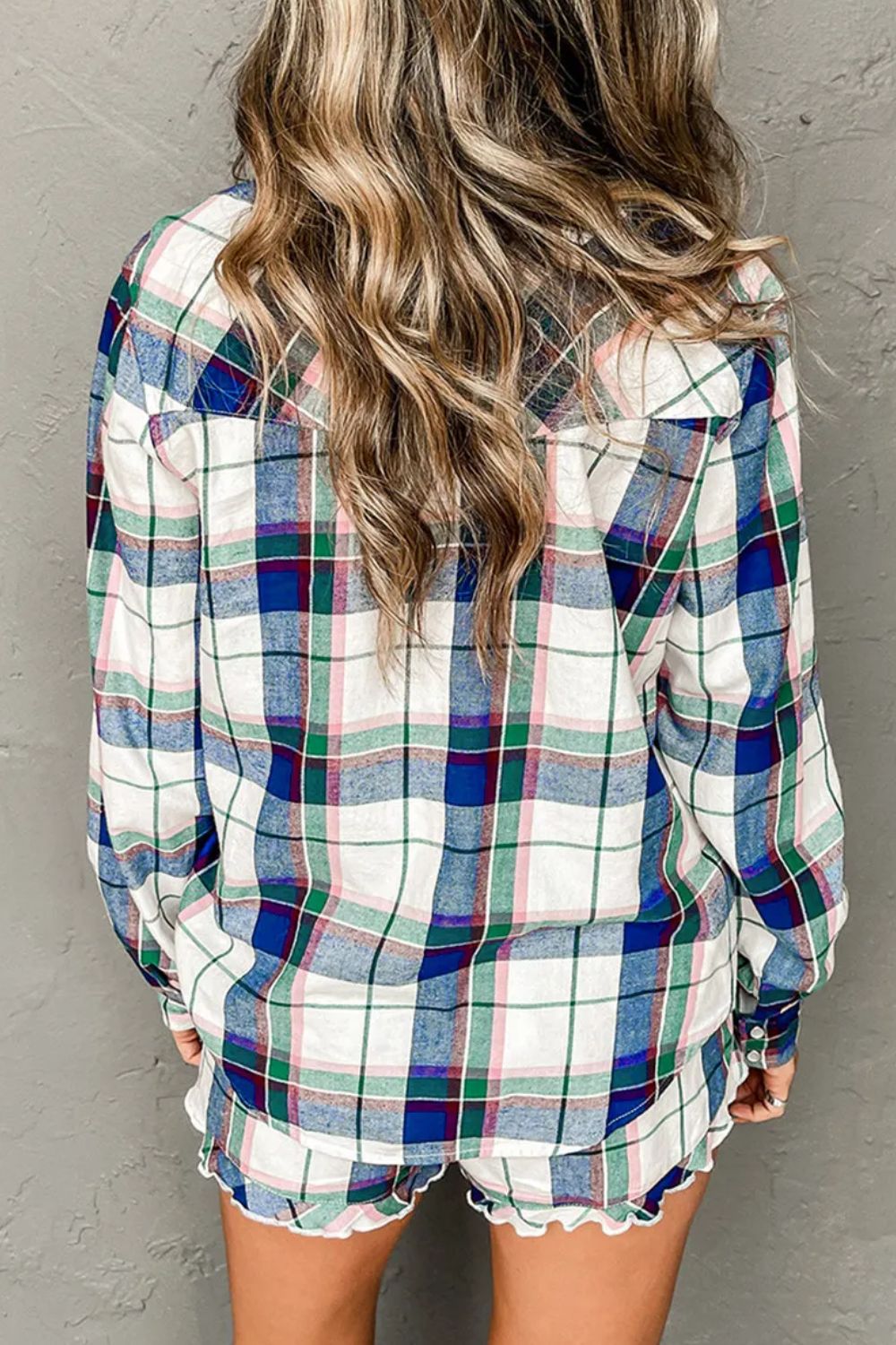 PREORDER Plaid Snap Down Long Sleeve Top and Shorts Lounge Set