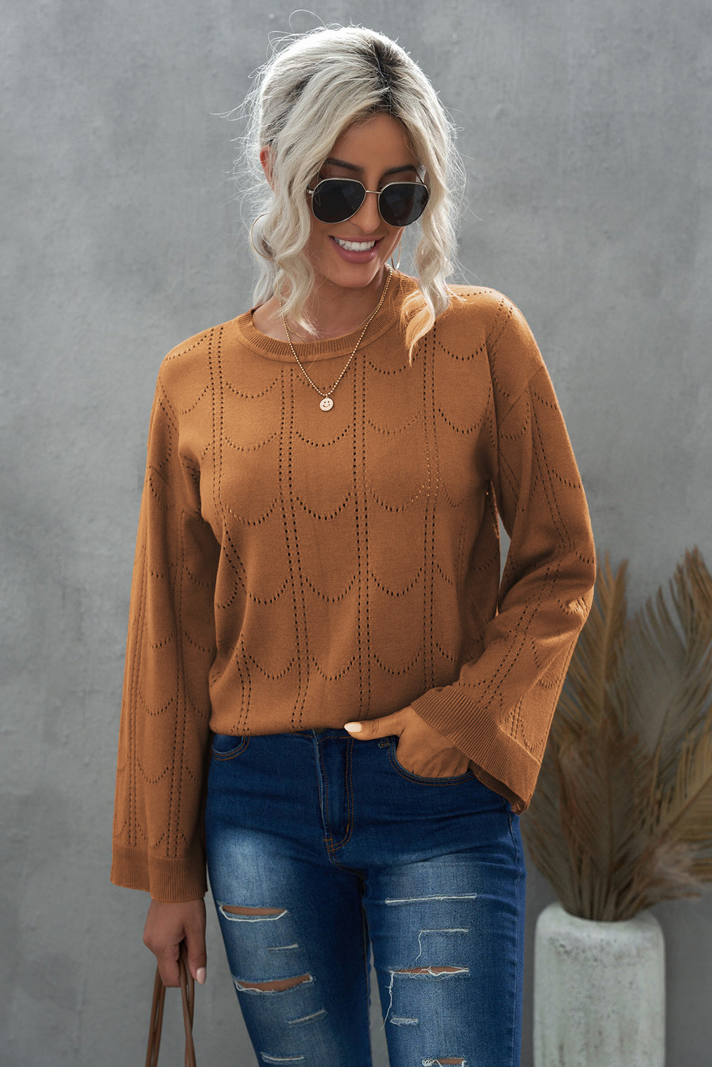 Olivia Openwork Flare Sleeve Pullover- 1 Small, Beige left! FINAL SALE!