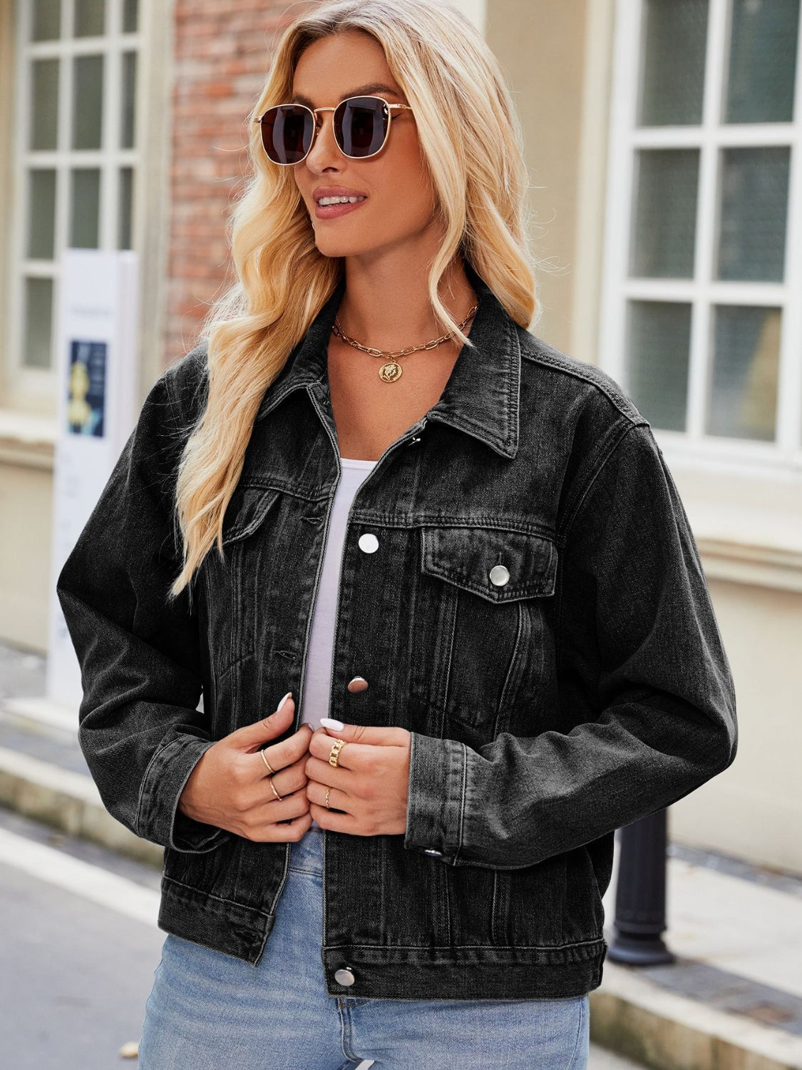 PREORDER Pocketed Collared Neck Denim Jacket