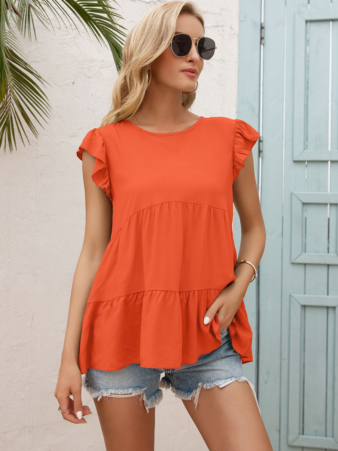 Allison Round Neck Flutter Sleeve Tiered Blouse- 1 size XL, Black left and 1 size XL, Tangerine left! FINAL SALE!