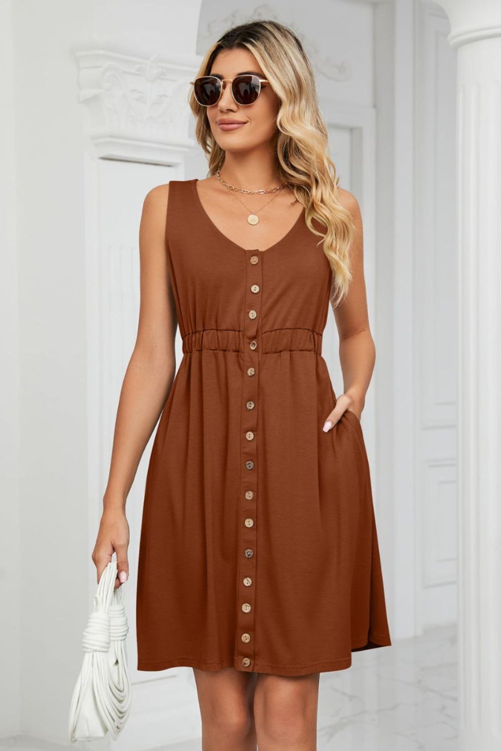Tanna Buttoned V-Neck Sleeveless Mini Dress with Pockets- 1 size Small, White left! FINAL SALE!
