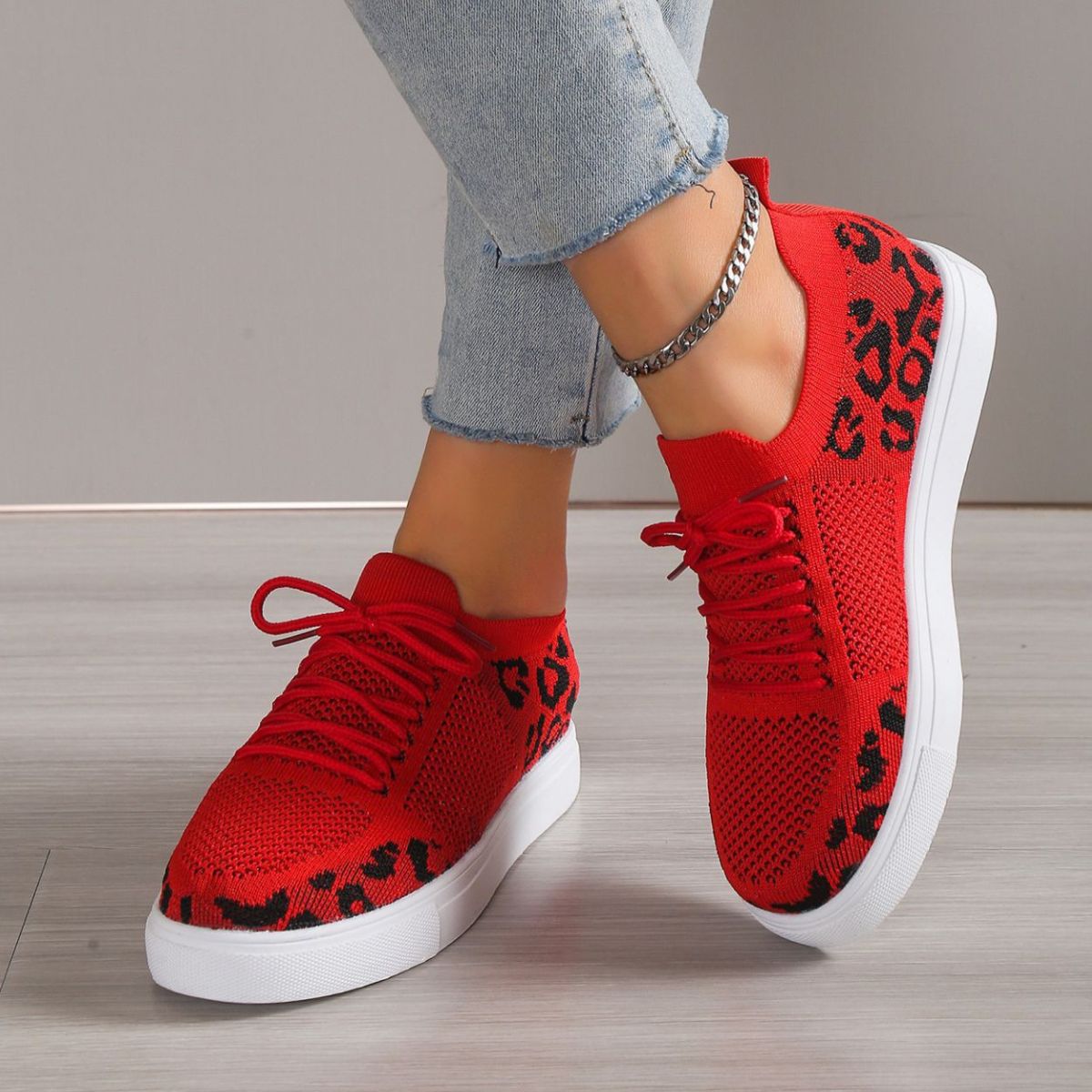 PREORDER Lace-Up Leopard Flat Sneakers 2/9