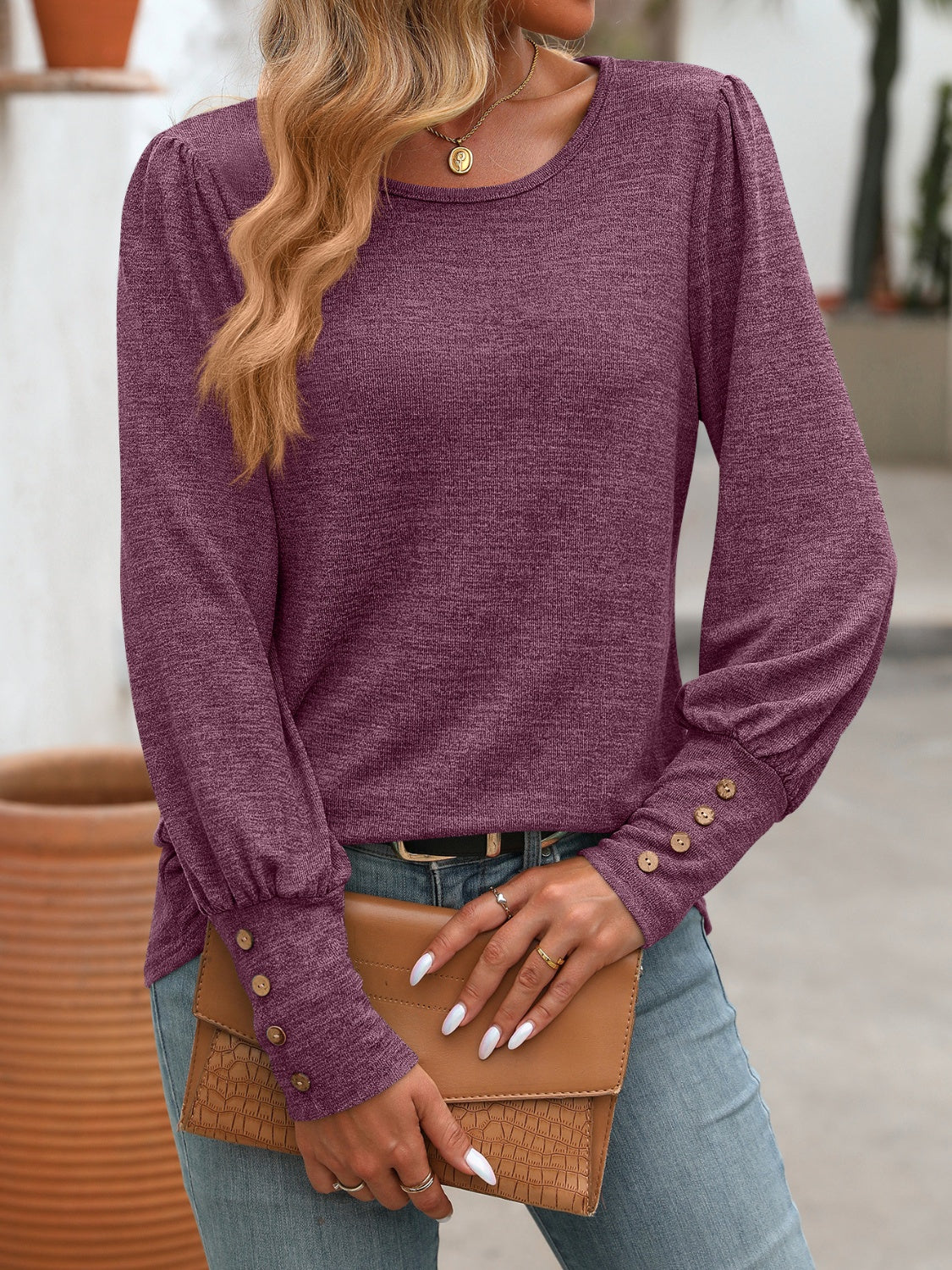 PREORDER Decorative Button Round Neck Long Sleeve T-Shirt