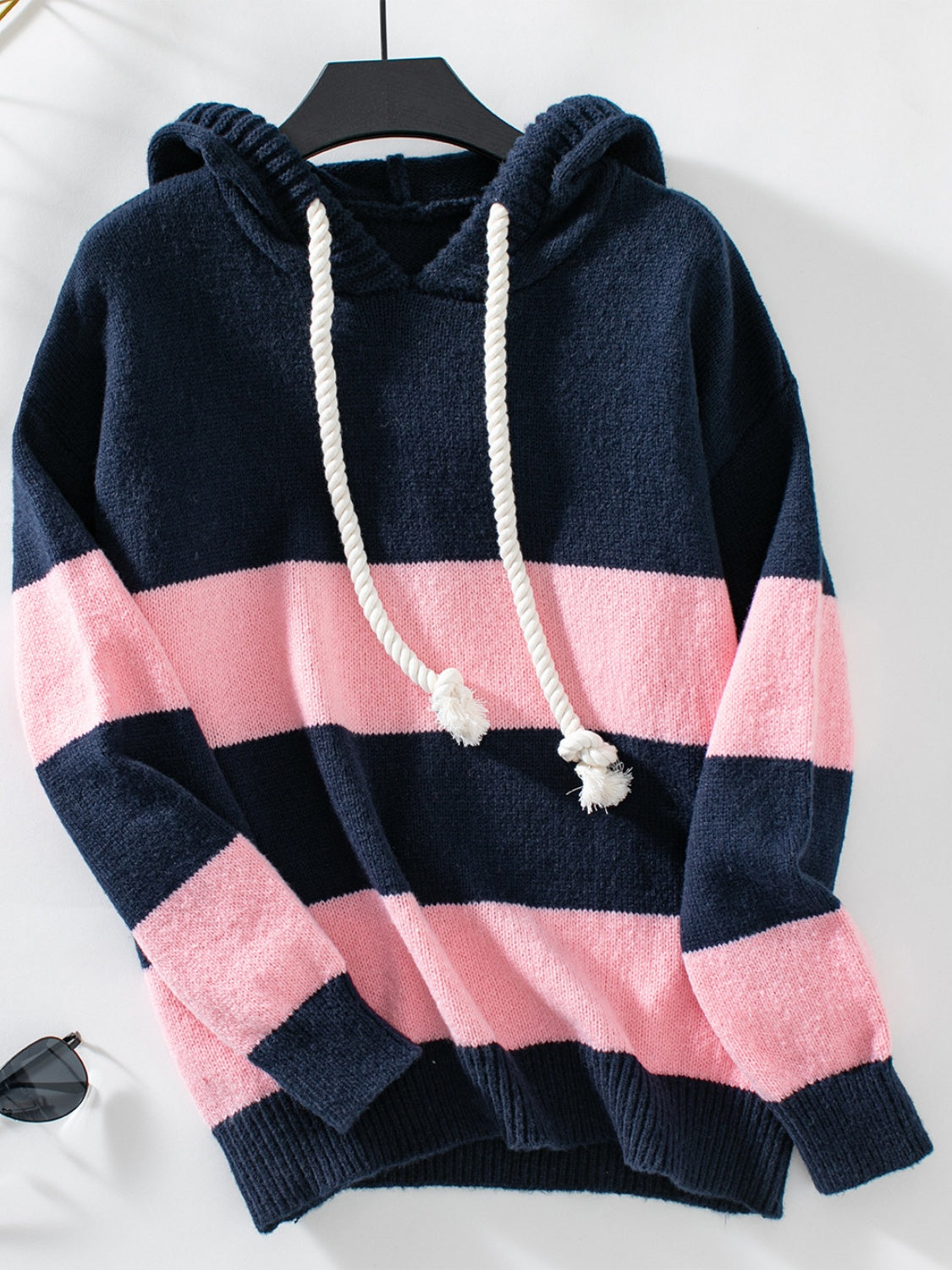PREORDER: Drawstring Contrast Stripe Dropped Shoulder Hooded Sweater