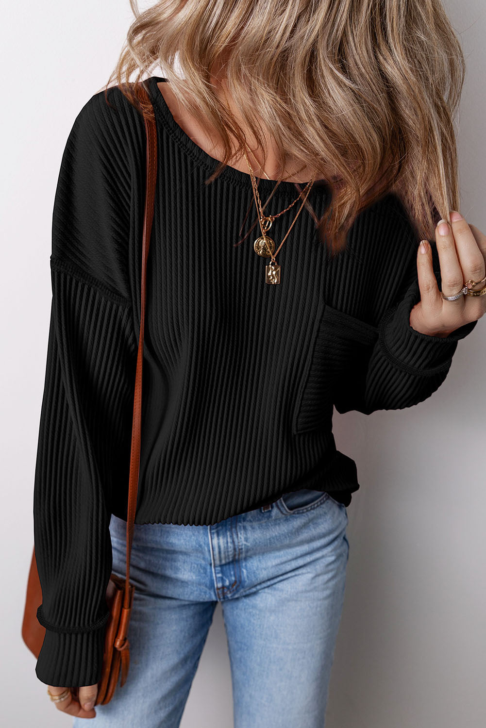 PREORDER Pocketed Round Neck Long Sleeve Top