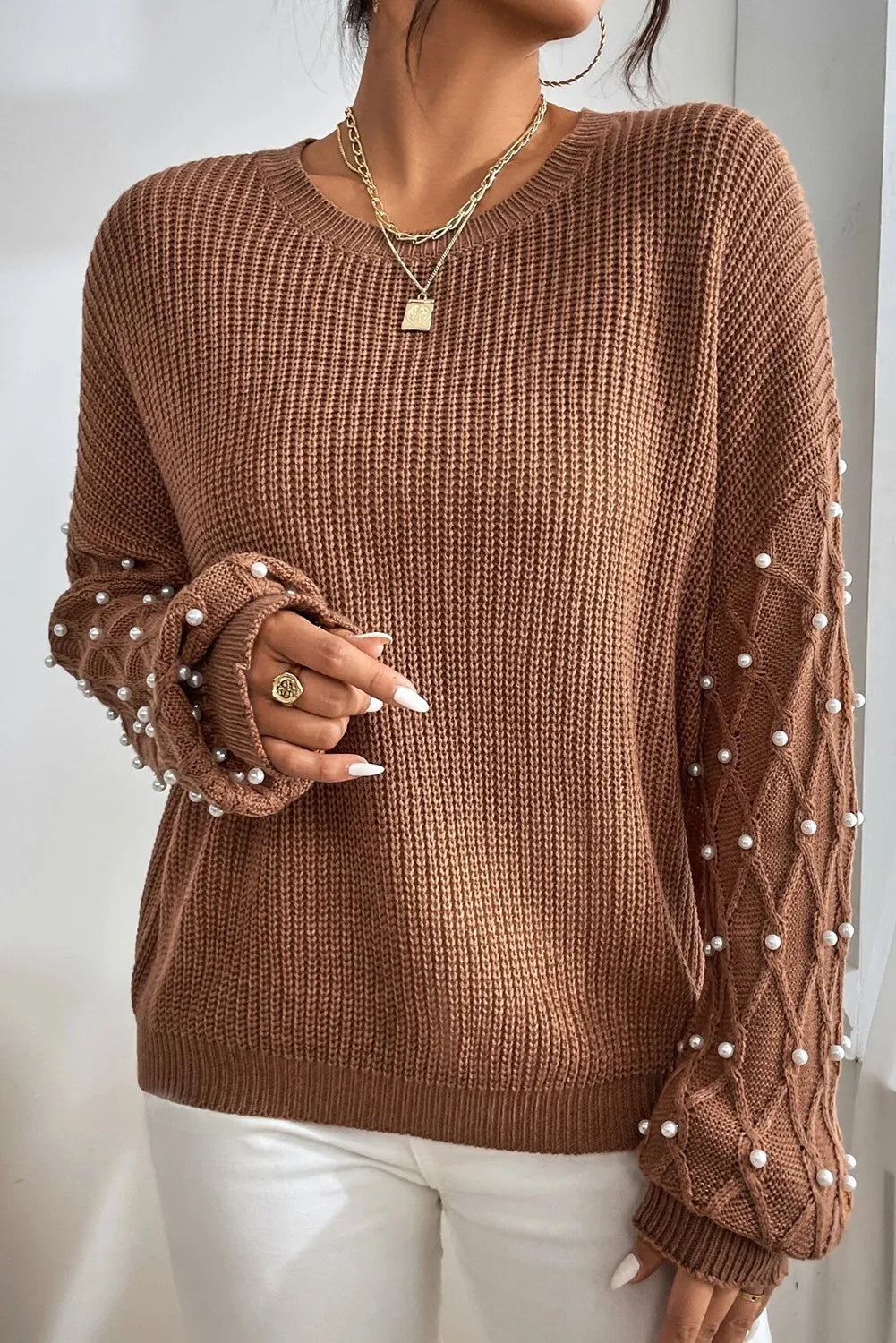 PREORDER Pearl Detail Round Neck Long Sleeve Sweater