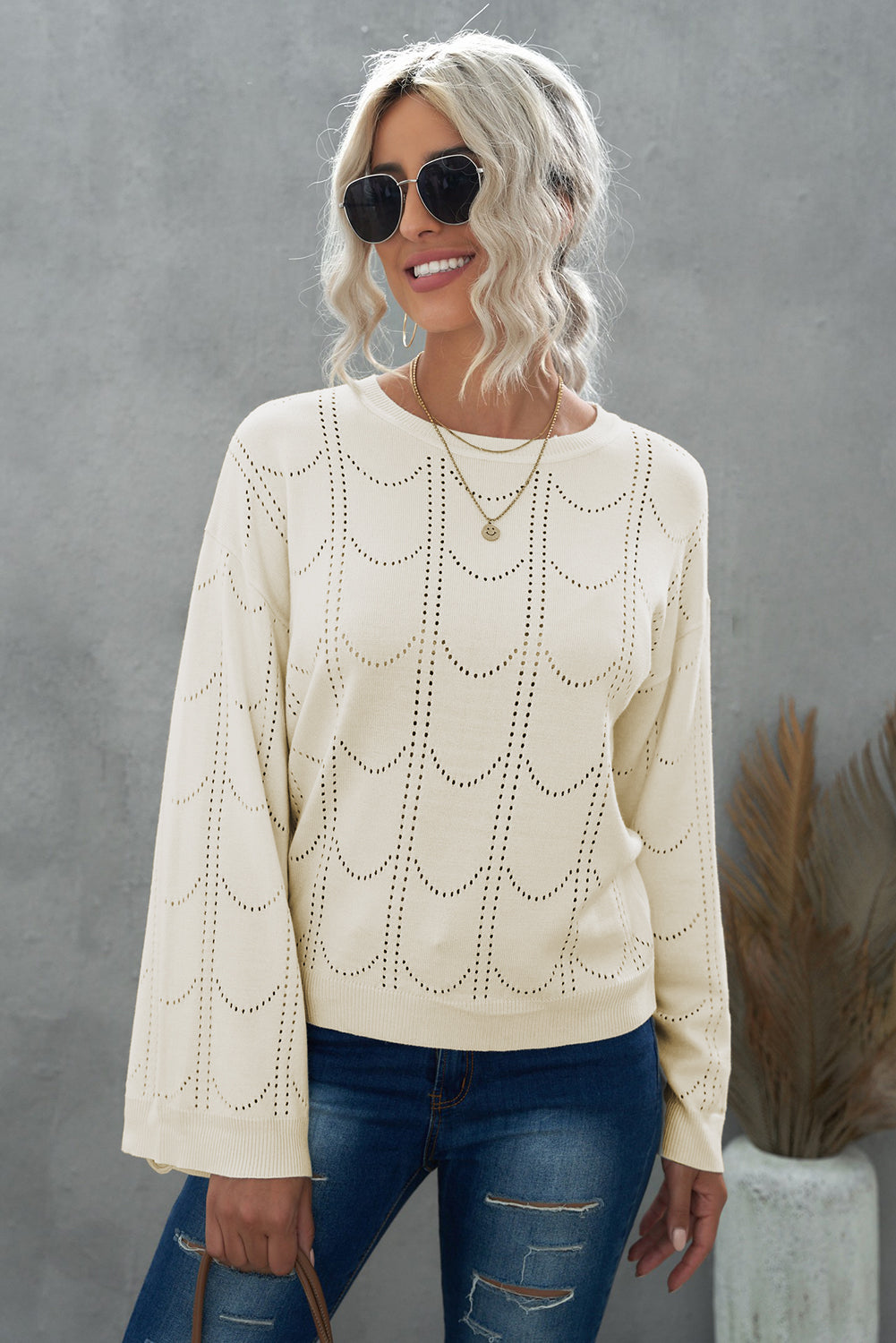 Olivia Openwork Flare Sleeve Pullover- 1 Small, Beige left! FINAL SALE!