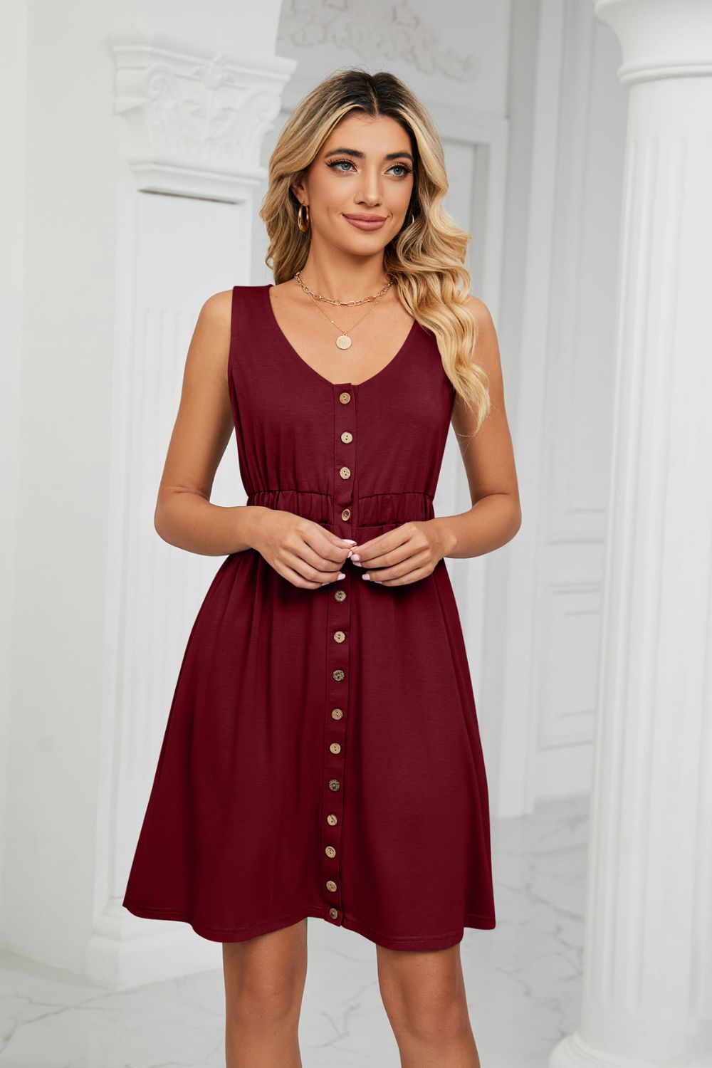 Tanna Buttoned V-Neck Sleeveless Mini Dress with Pockets- 1 size Small, White left! FINAL SALE!