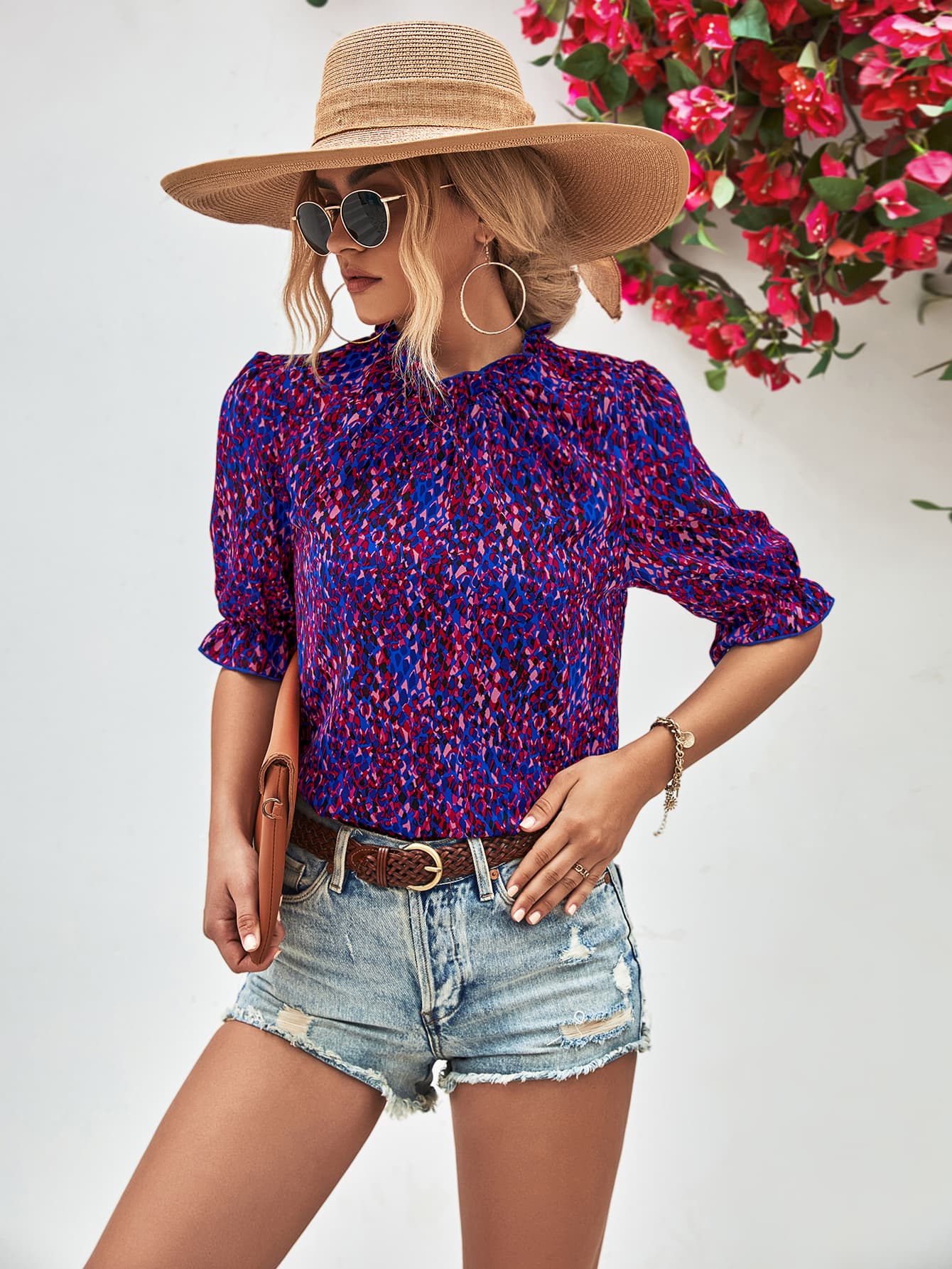 Heather Printed Ruffle Collar Flounce Sleeve Blouse- 1 size Small, Fuchsia left! FINAL SALE!