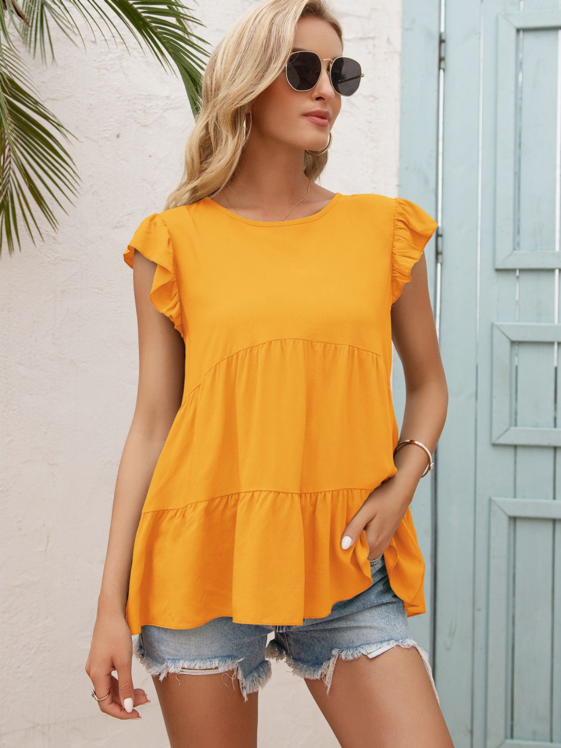 Allison Round Neck Flutter Sleeve Tiered Blouse- 1 size XL, Black left and 1 size XL, Tangerine left! FINAL SALE!