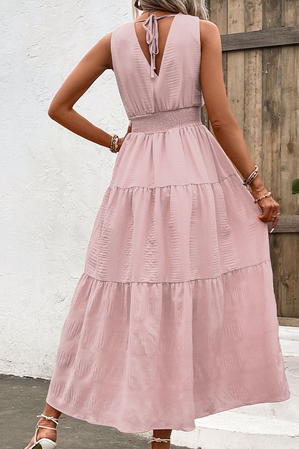 Jessica V-Neck Smocked Waist Sleeveless Tiered Dress- 2 size 2XLs left in Tangerine and 1 size 2XL left in Blush Pink! FINAL SALE!