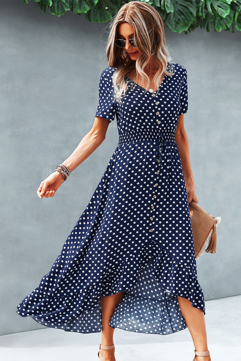 Kathryn Polka Dot Ruffle Hem V-Neck Short Sleeve Midi Dress- 1 Navy, XL left! FINAL SALE!