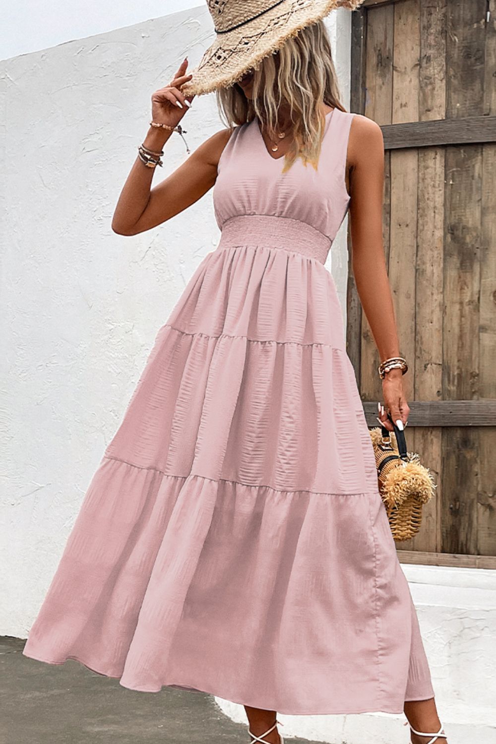 Jessica V-Neck Smocked Waist Sleeveless Tiered Dress- 2 size 2XLs left in Tangerine and 1 size 2XL left in Blush Pink! FINAL SALE!