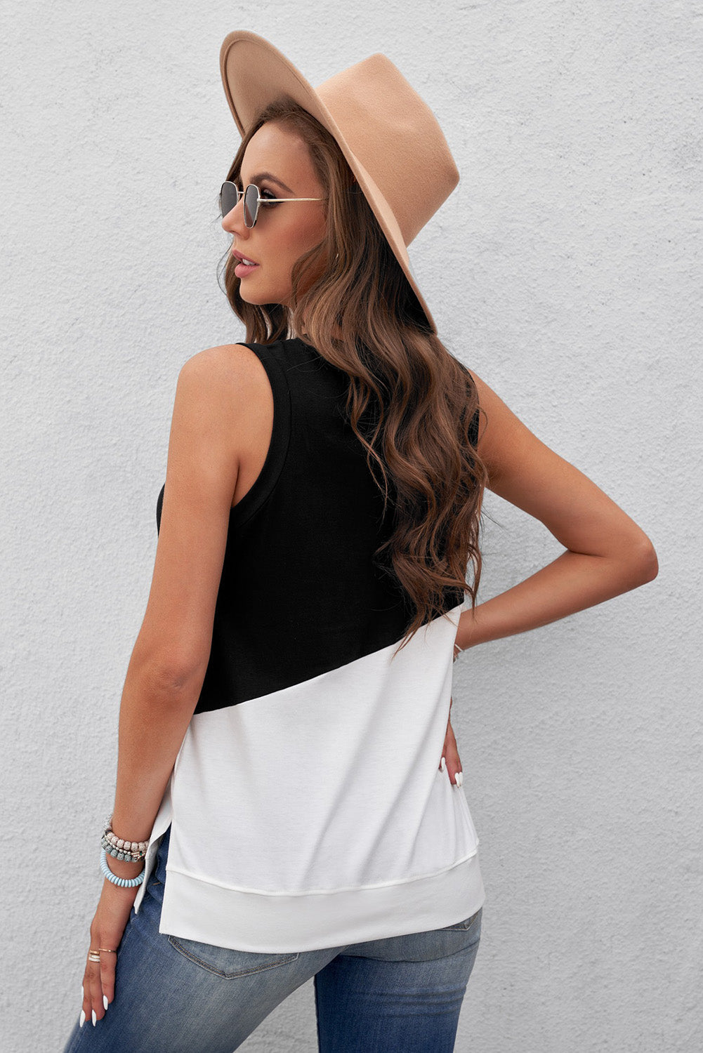 Cali Contrast Round Neck Tank Top- 1 size Large, Sand left! FINAL SALE!