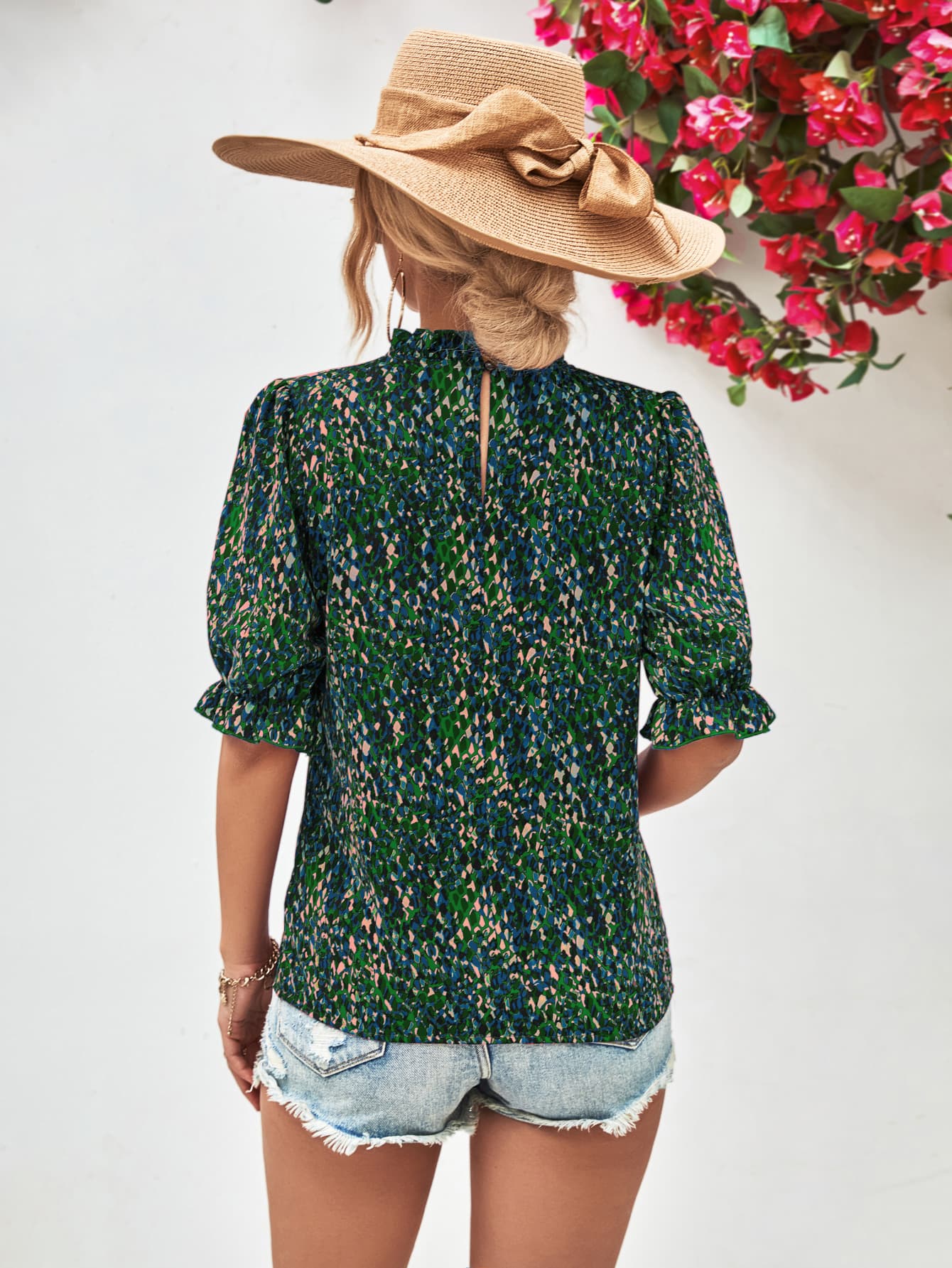 Heather Printed Ruffle Collar Flounce Sleeve Blouse- 1 size Small, Fuchsia left! FINAL SALE!