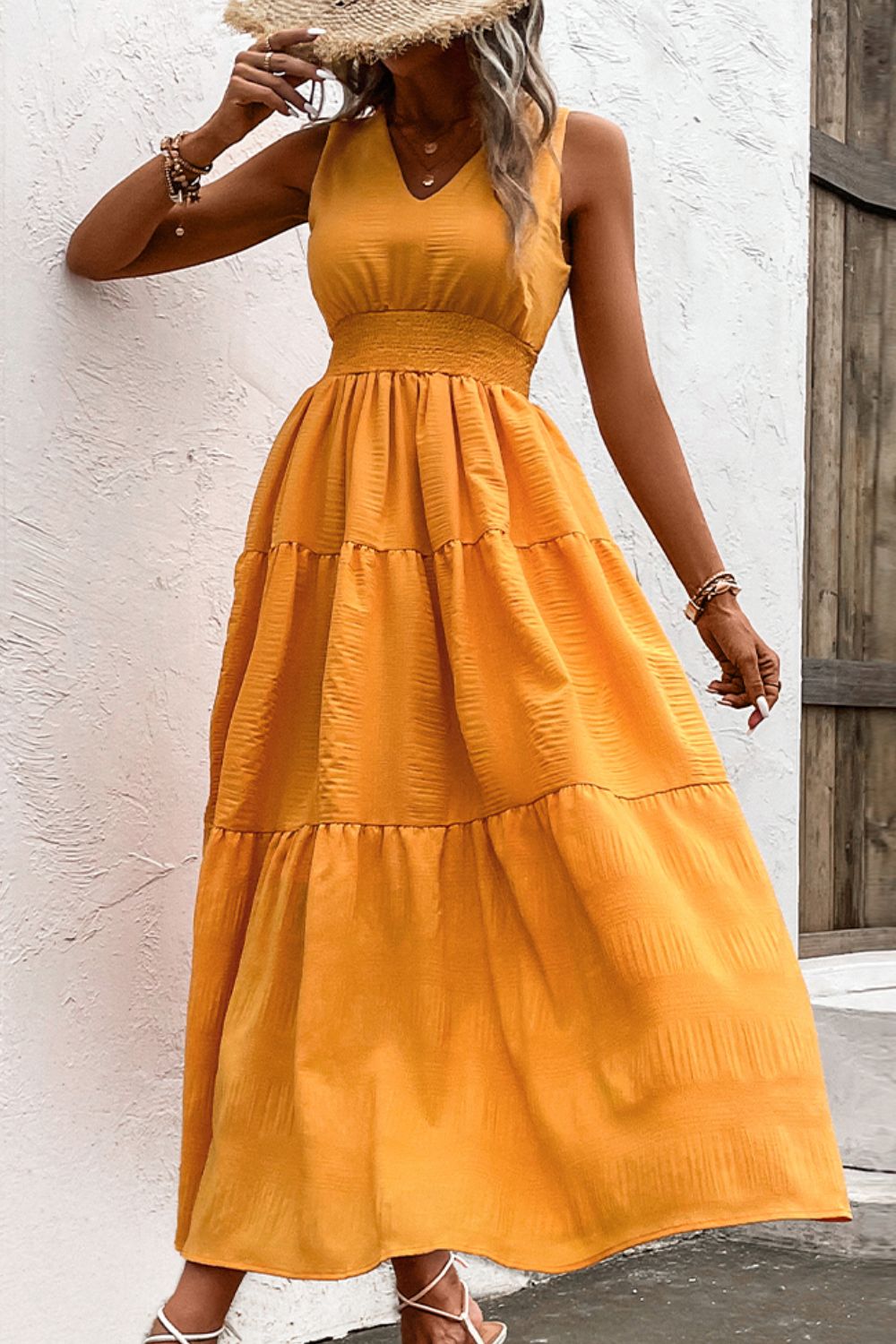 Jessica V-Neck Smocked Waist Sleeveless Tiered Dress- 2 size 2XLs left in Tangerine and 1 size 2XL left in Blush Pink! FINAL SALE!