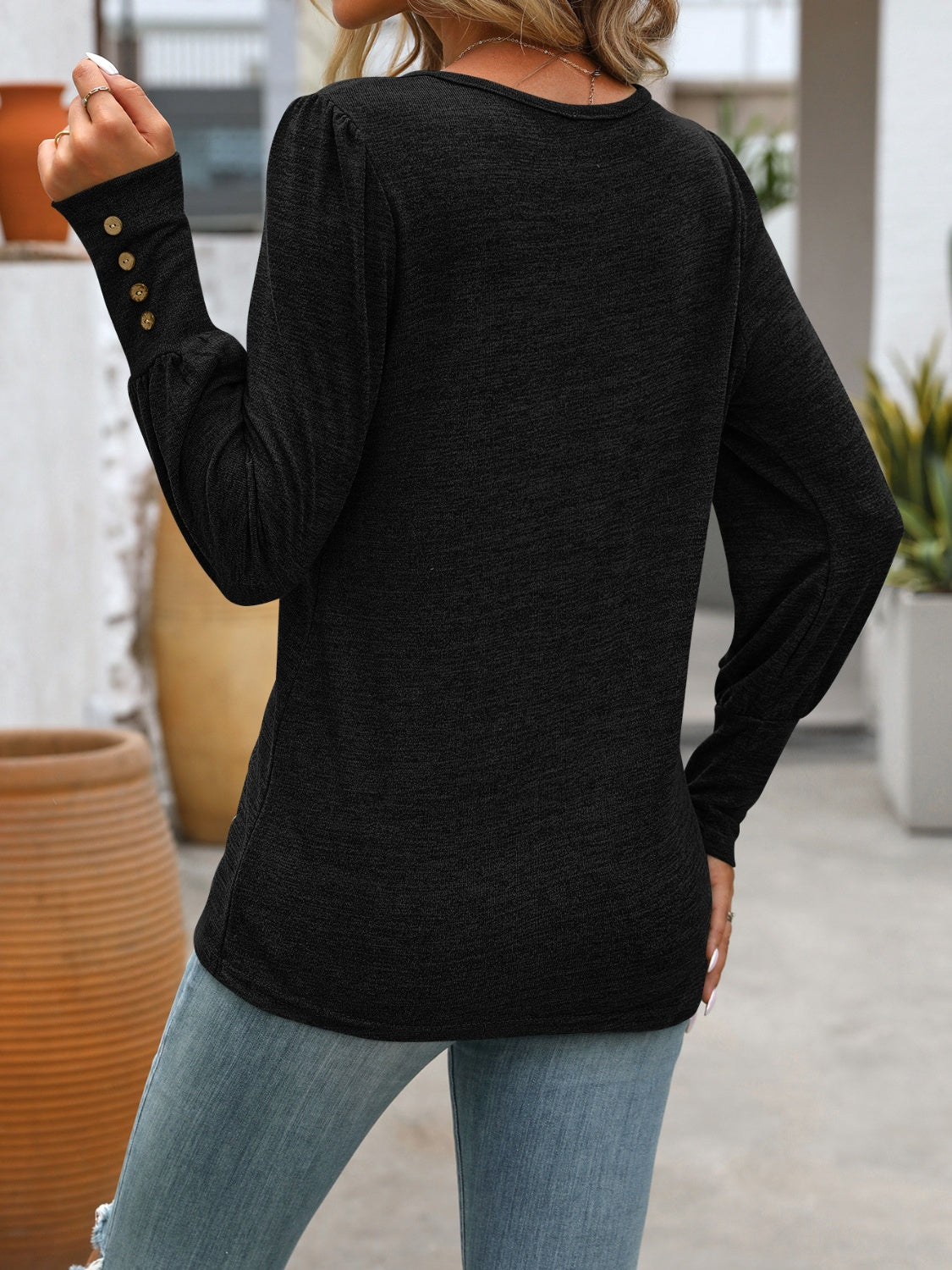 PREORDER Decorative Button Round Neck Long Sleeve T-Shirt