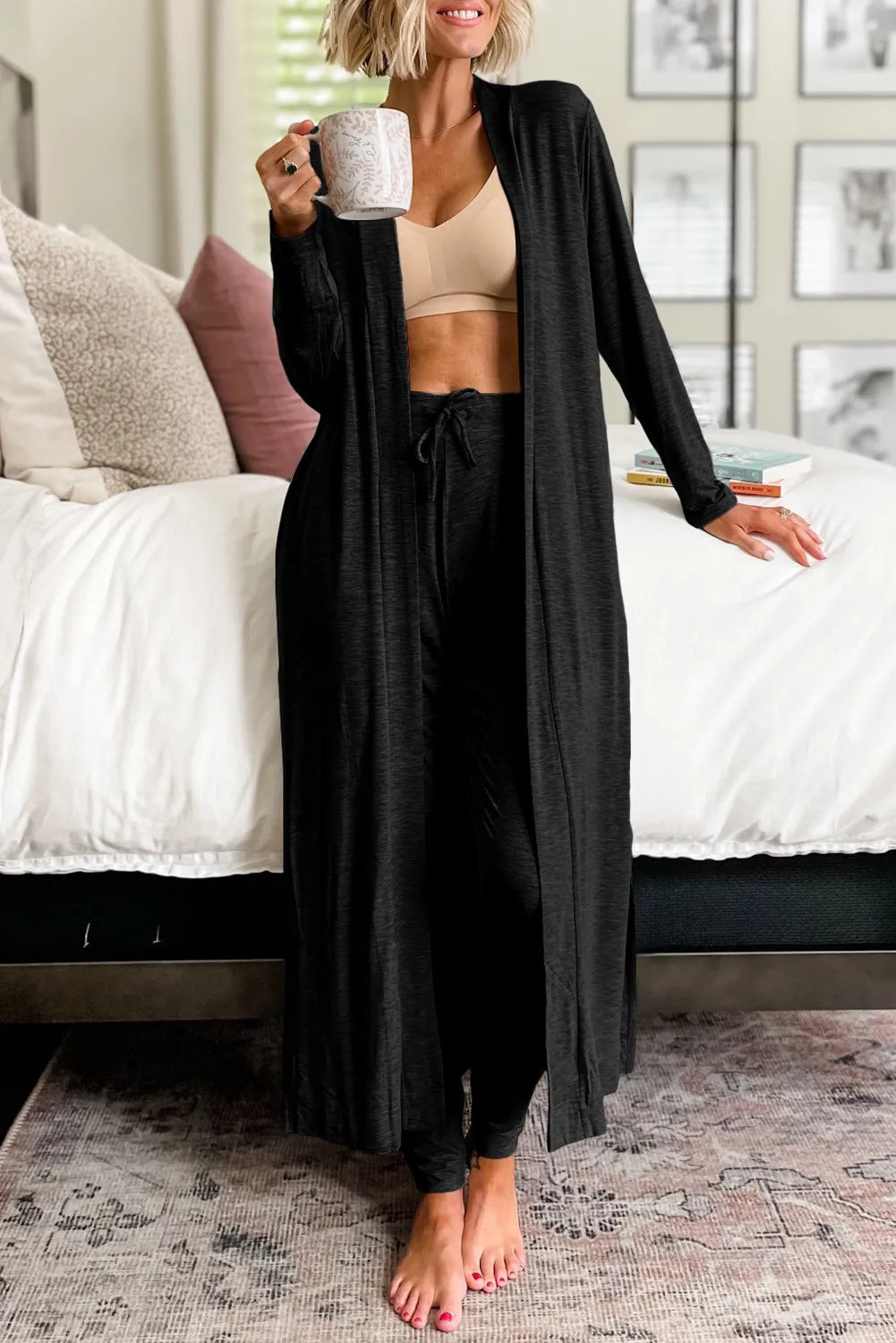 PREORDER Open Front Long Sleeve Cardigan and Pants Lounge Set 2/9