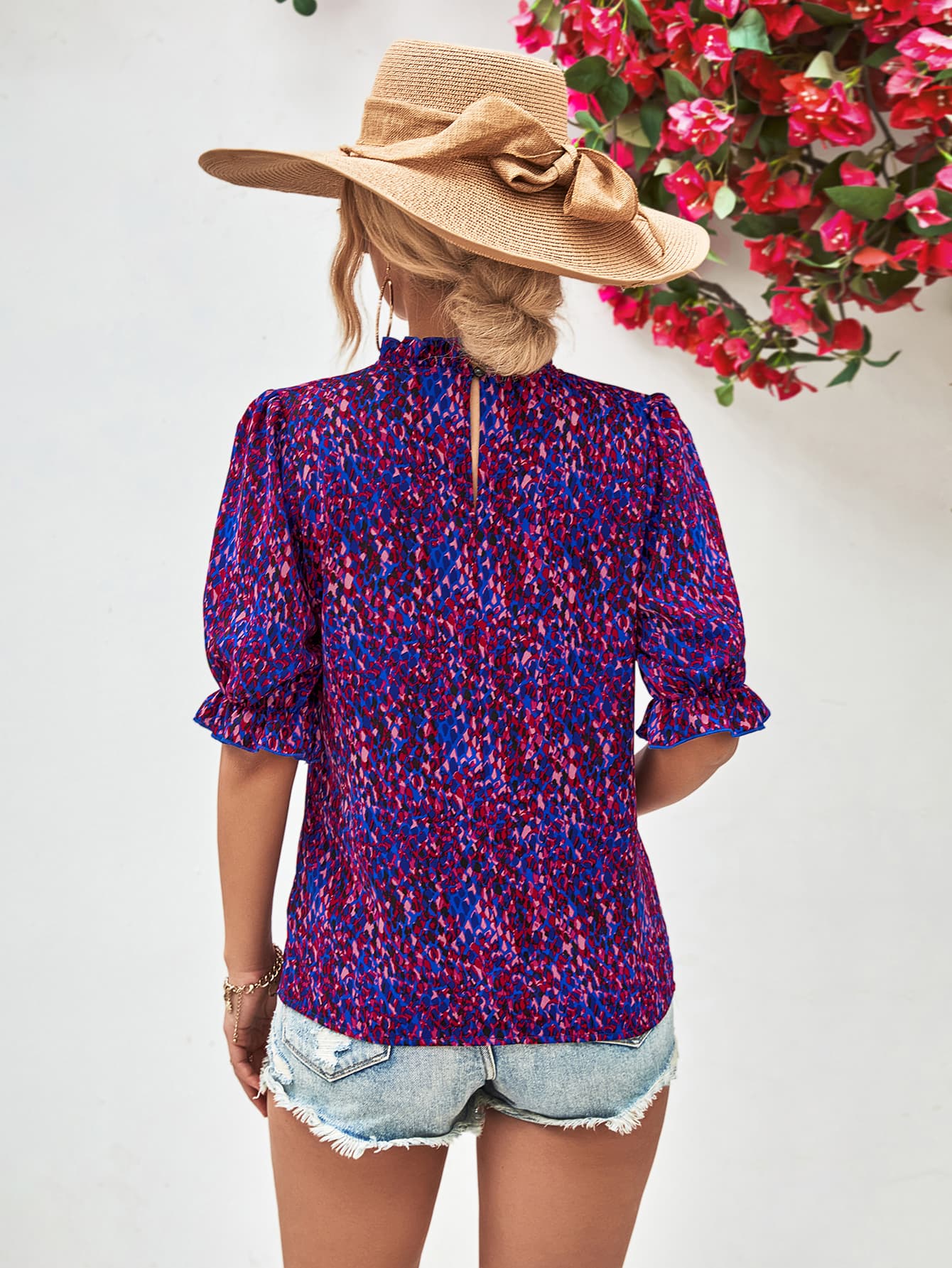 Heather Printed Ruffle Collar Flounce Sleeve Blouse- 1 size Small, Fuchsia left! FINAL SALE!