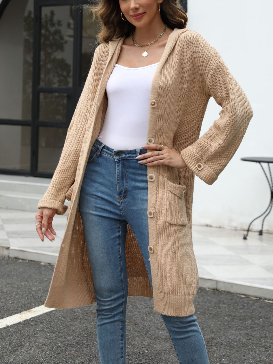 PREORDER Pocketed Button Up Long Sleeve Hooded Cardigan 2/9