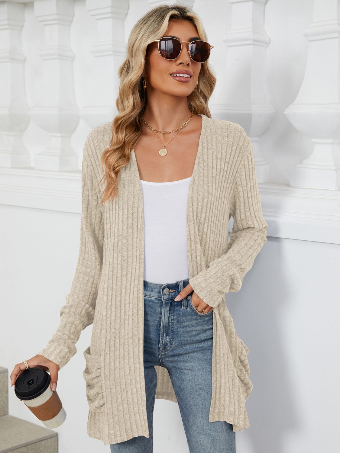 PREORDER Pocketed Open Front Long Sleeve Cardigan 2/9