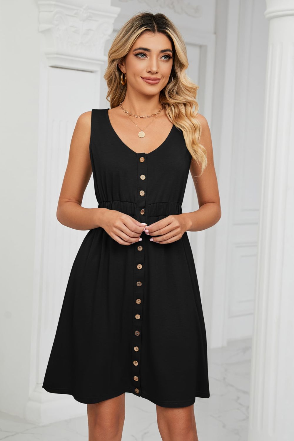 Tanna Buttoned V-Neck Sleeveless Mini Dress with Pockets- 1 size Small, White left! FINAL SALE!