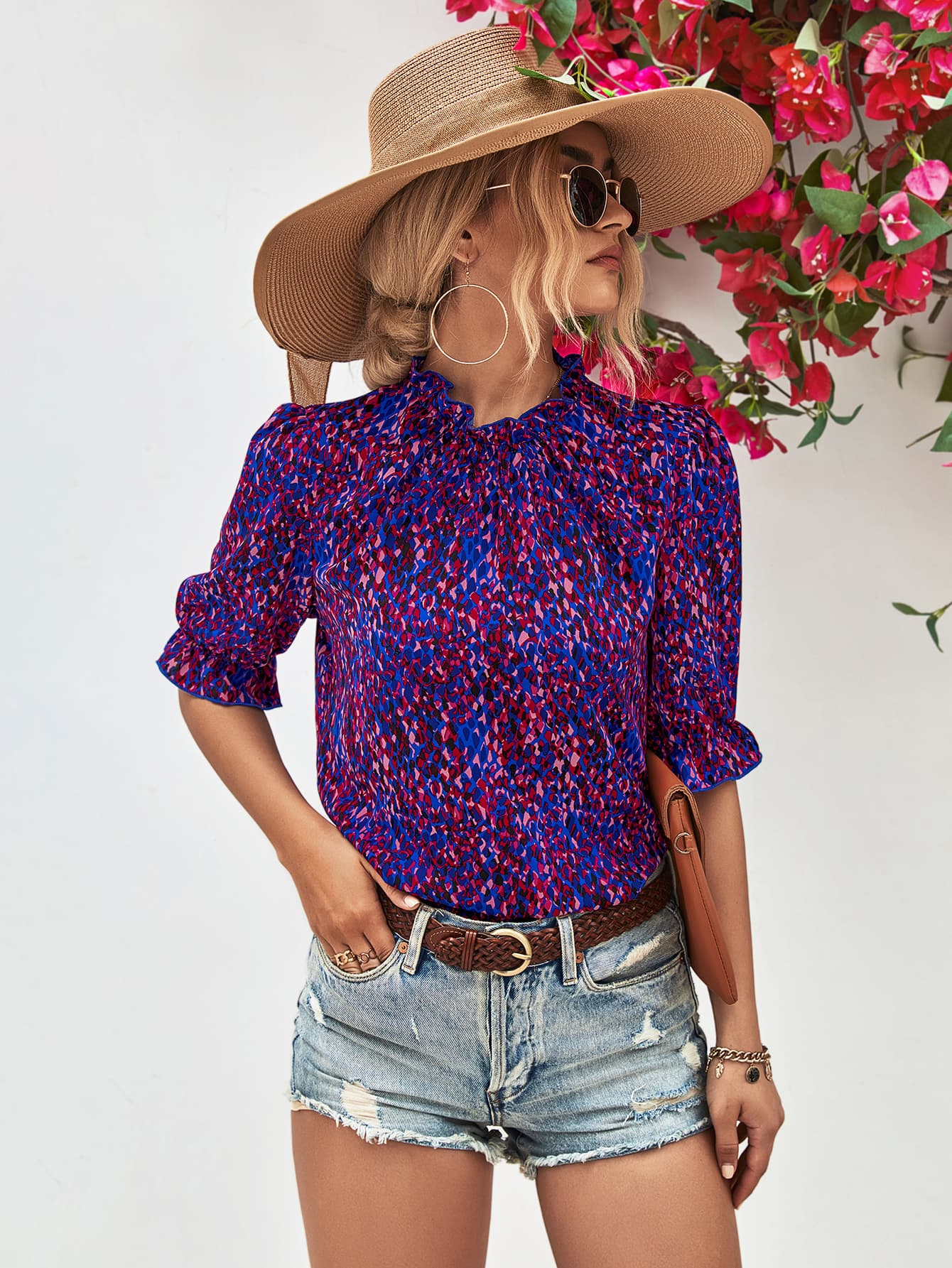 Heather Printed Ruffle Collar Flounce Sleeve Blouse- 1 size Small, Fuchsia left! FINAL SALE!