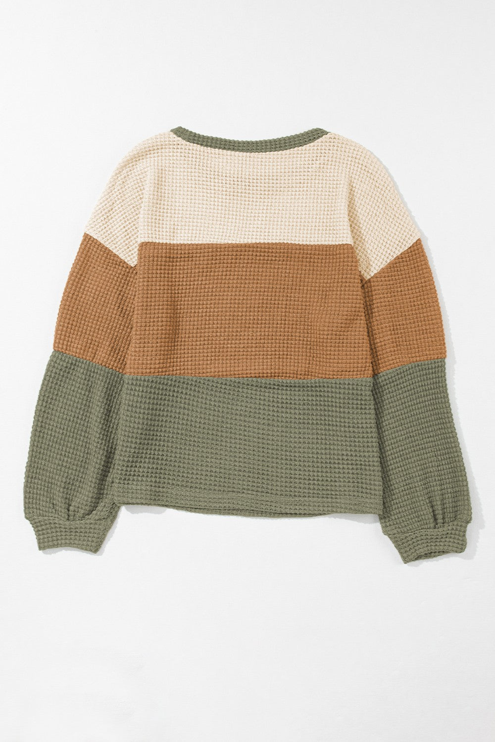PREORDER Waffle-Knit Color Block Round Neck Long Sleeve Blouse