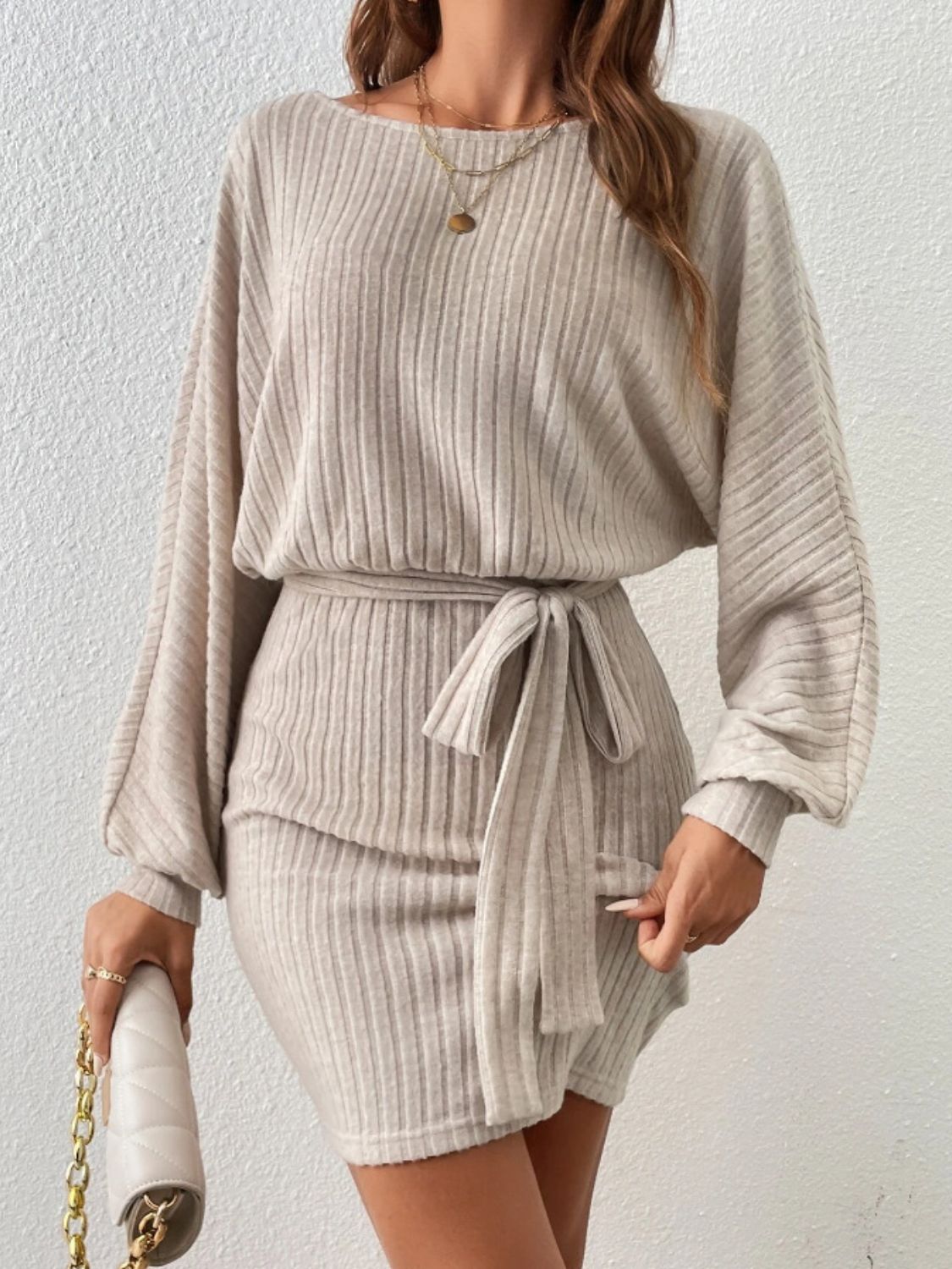 PREORDER Round Neck Tie Waist Long Sleeve Mini Dress 2/9