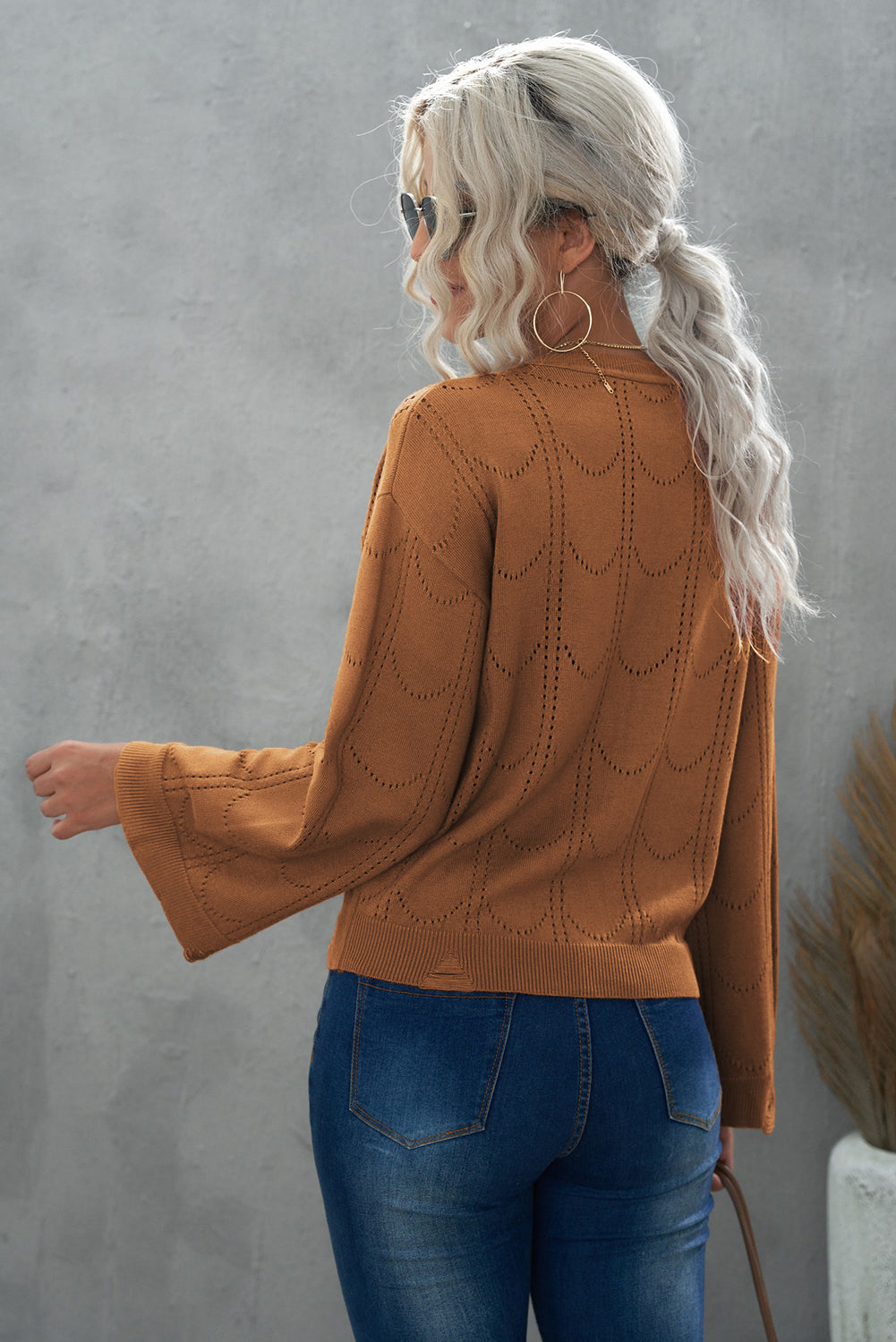 Olivia Openwork Flare Sleeve Pullover- 1 Small, Beige left! FINAL SALE!