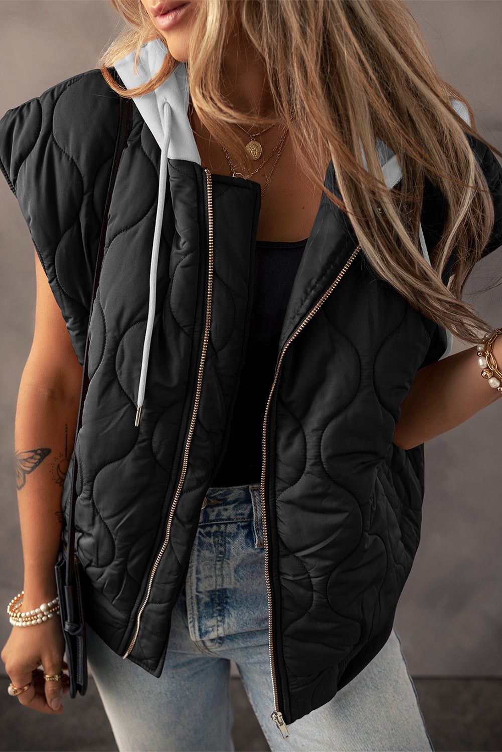 PREORDER Drawstring Zip Up Hooded Vest Coat 2/9