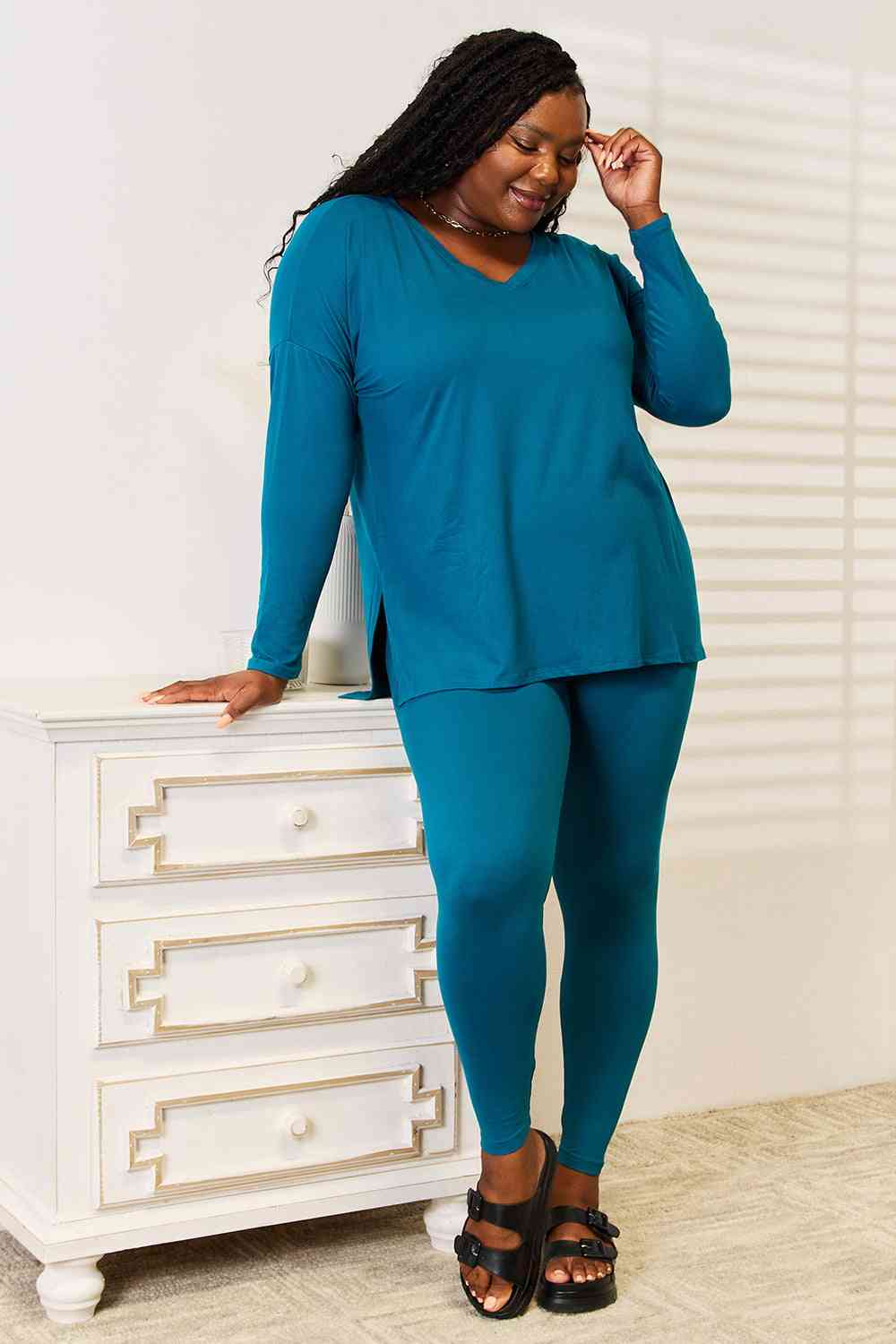 Lazy Days Full Size Long Sleeve Top and Leggings Set in Deep Teal