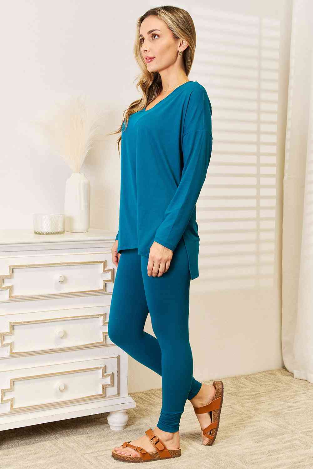 Lazy Days Full Size Long Sleeve Top and Leggings Set in Deep Teal