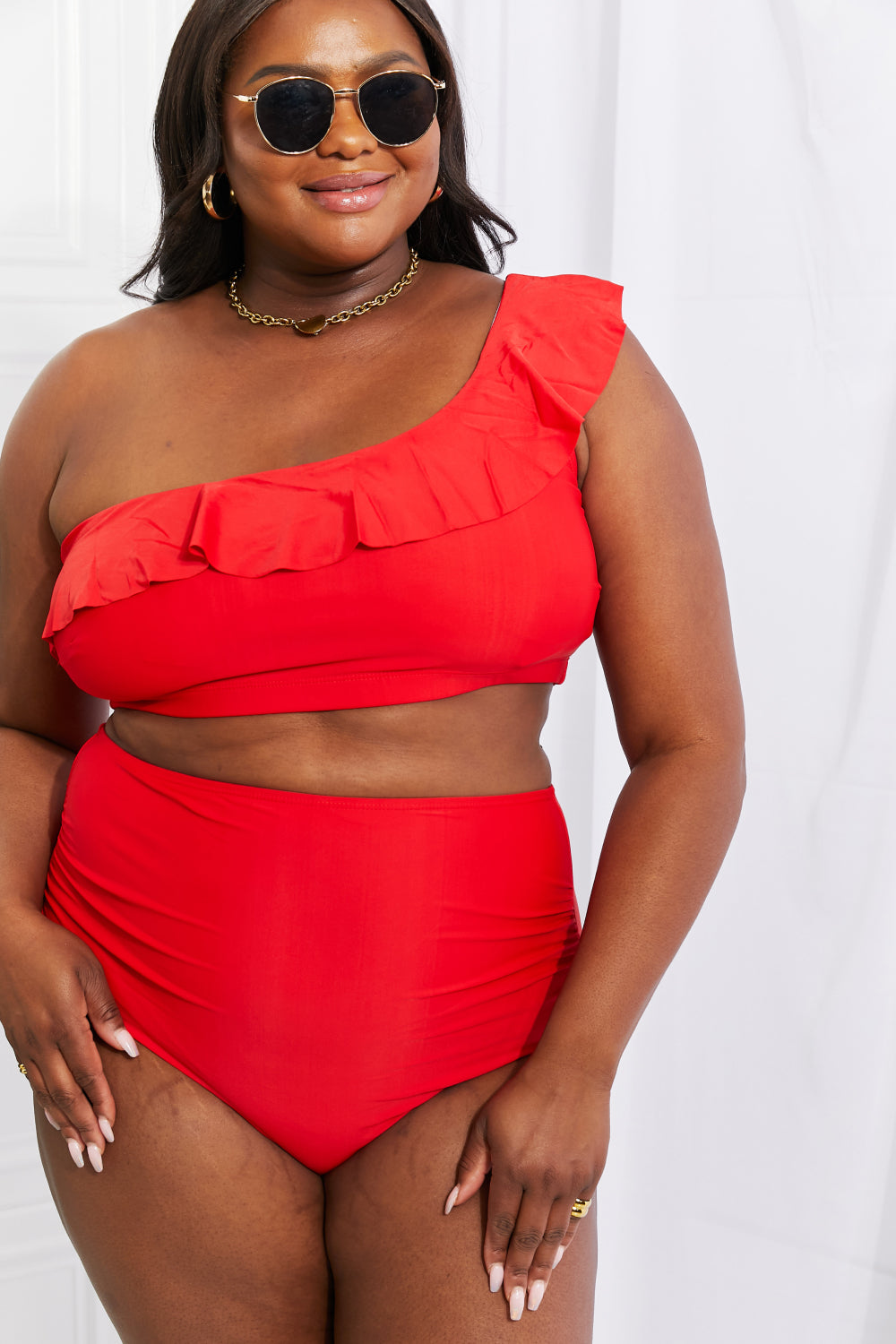 Seaside Romance Ruffle One-Shoulder Swimsuit Bikini in Red