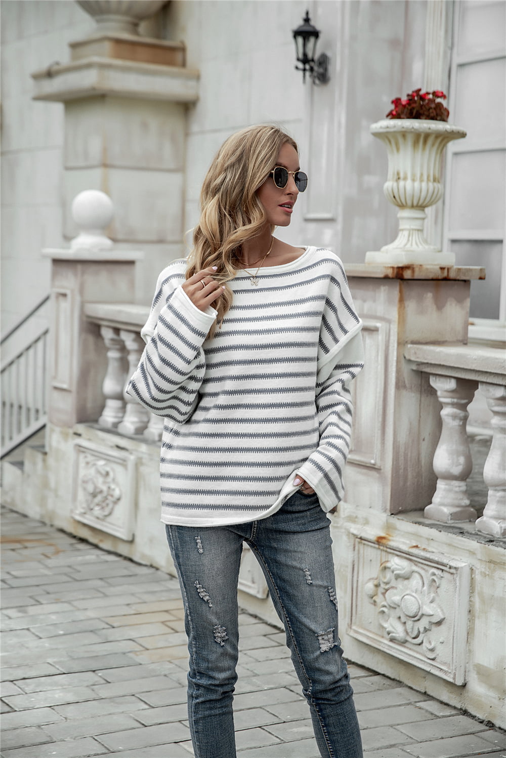 Striped Round Neck Dropped Shoulder Knit Top