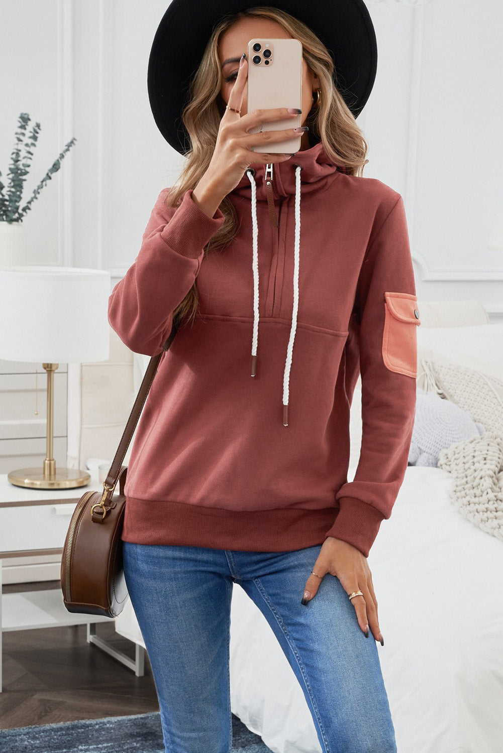 Half Zip Patch Pocket Hoodie