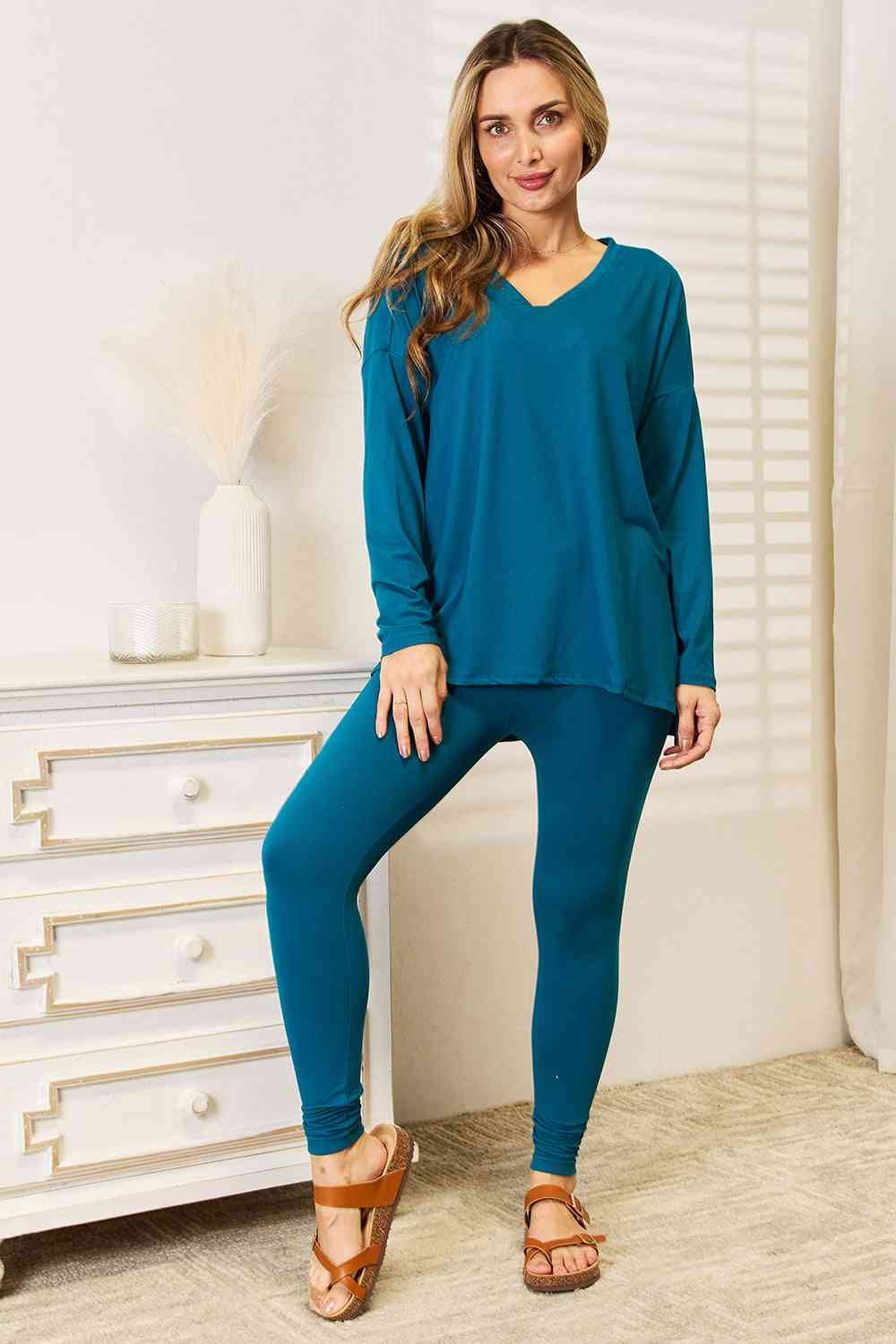 Lazy Days Full Size Long Sleeve Top and Leggings Set in Deep Teal