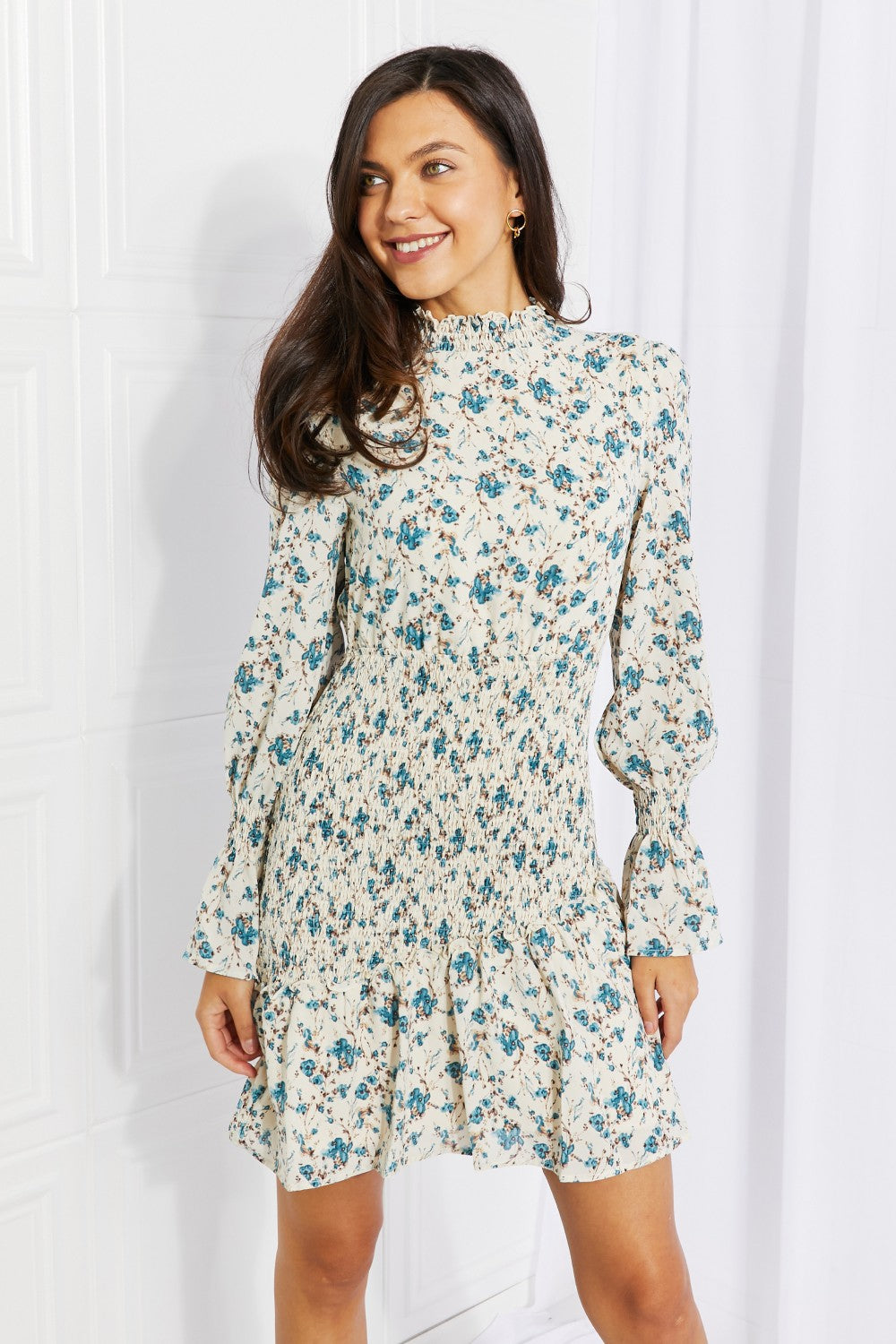 Floral Smocked Mock Neck Mini Dress